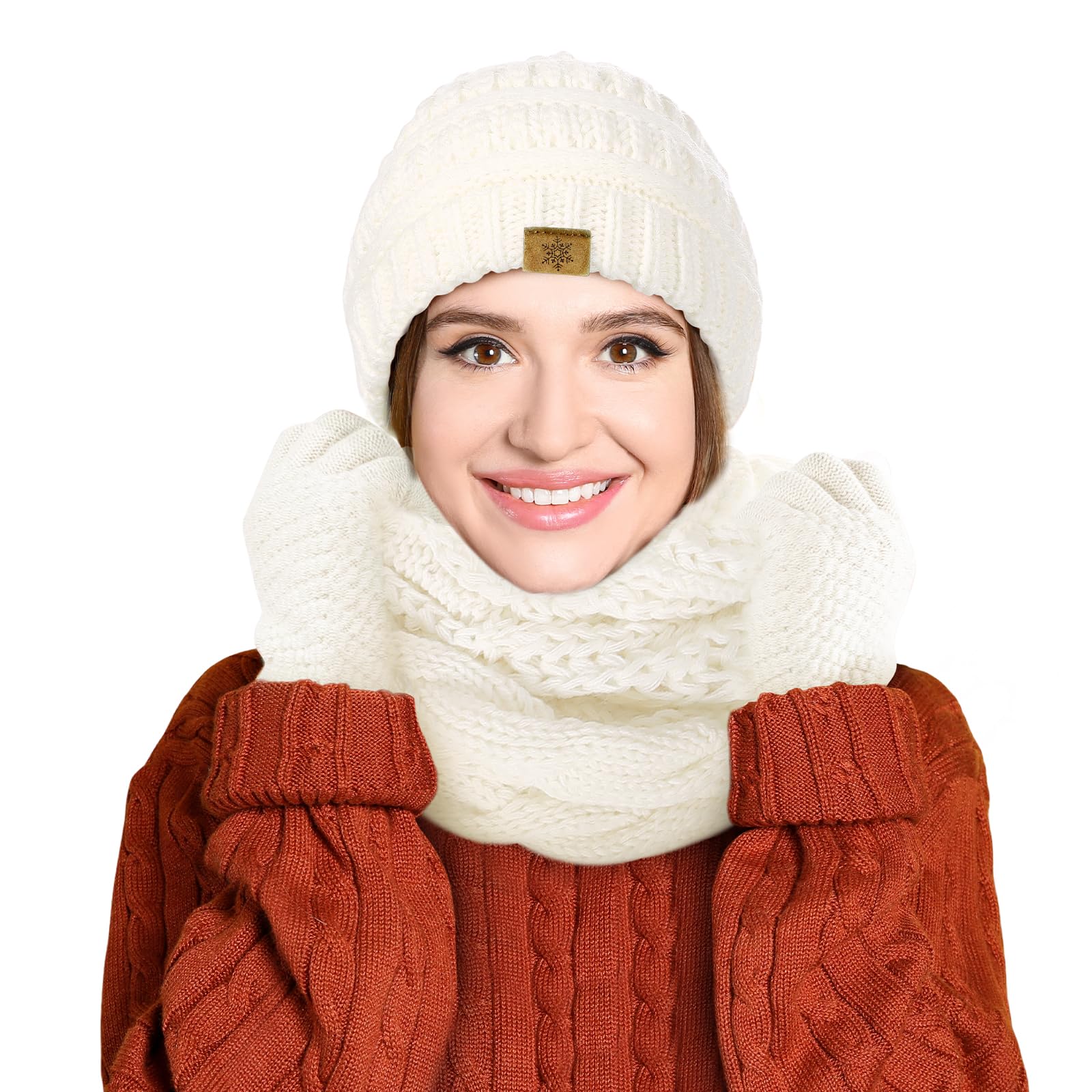 Winter beanie scarf gloves set, women's winter clothing, wool-lined hat touchscreen gloves thick neck warmer