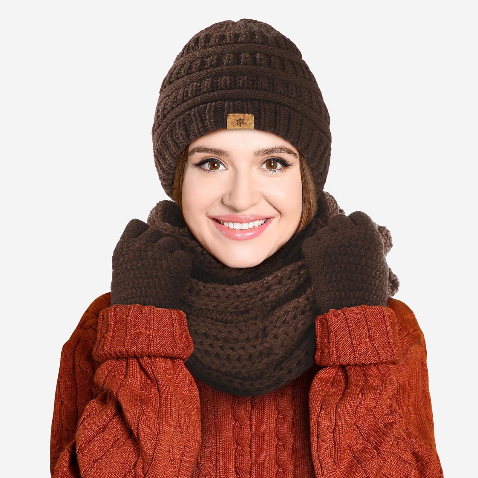 Winter beanie scarf gloves set, women's winter clothing, wool-lined hat touchscreen gloves thick neck warmer