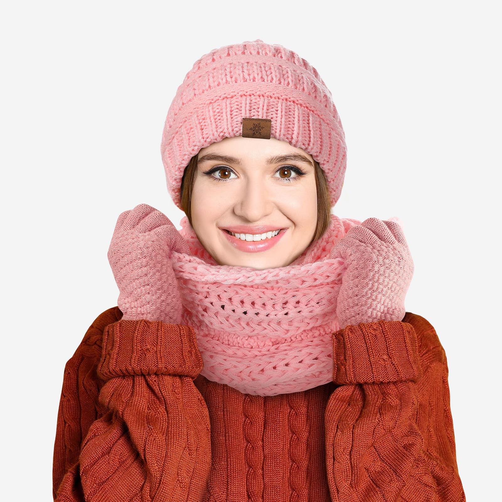 Winter beanie scarf gloves set, women's winter clothing, wool-lined hat touchscreen gloves thick neck warmer