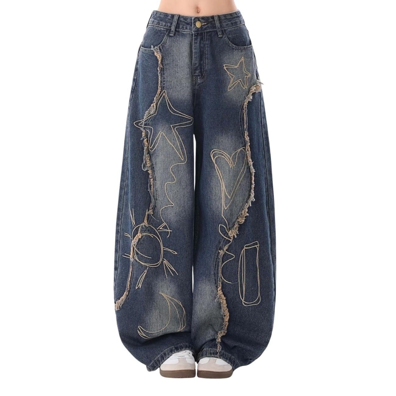 Jeans for Women Girls Star Wide Leg Barrel Jeans Embroidered Patchwork Cute Denim Pants Trendy Clothes