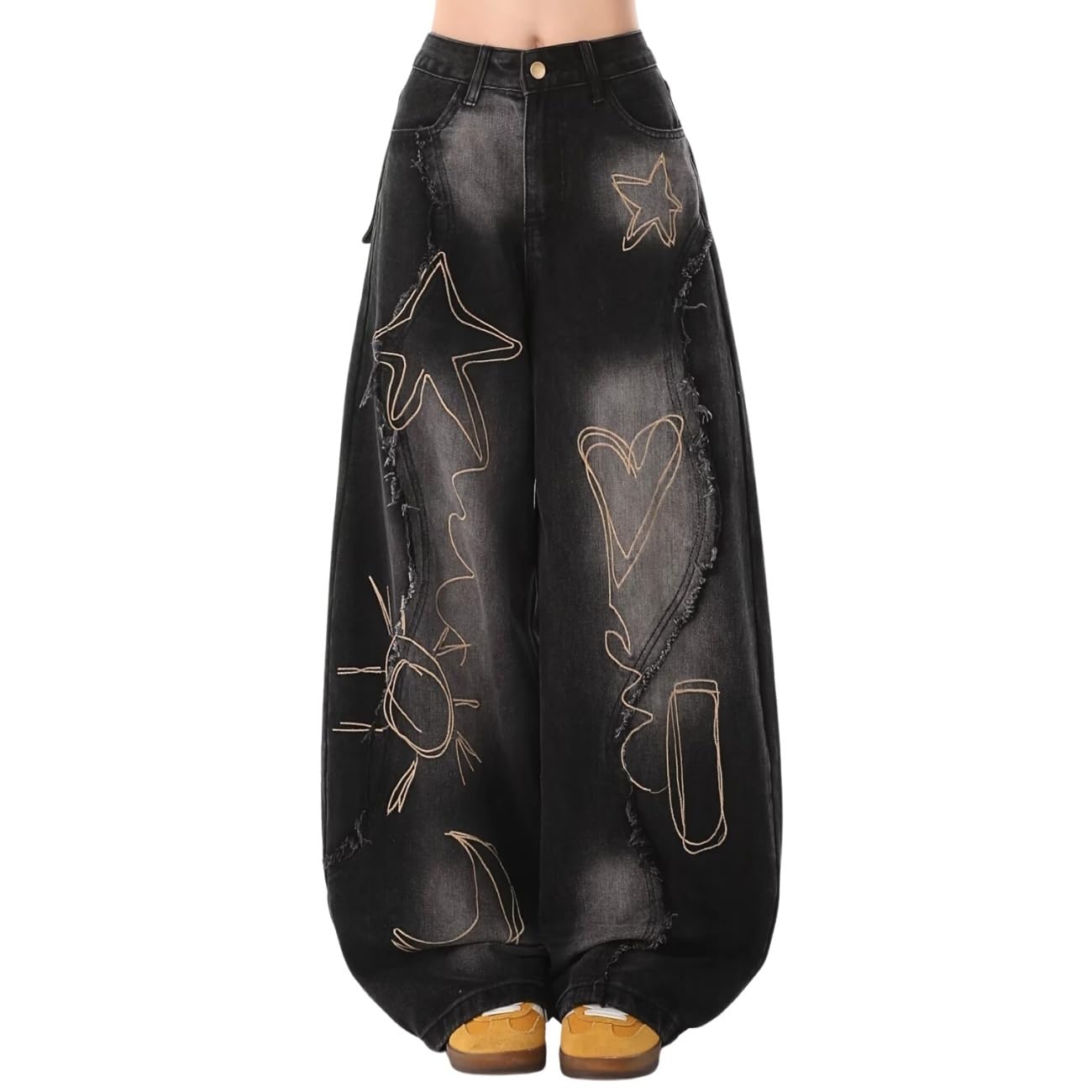 Jeans for Women Girls Star Wide Leg Barrel Jeans Embroidered Patchwork Cute Denim Pants Trendy Clothes