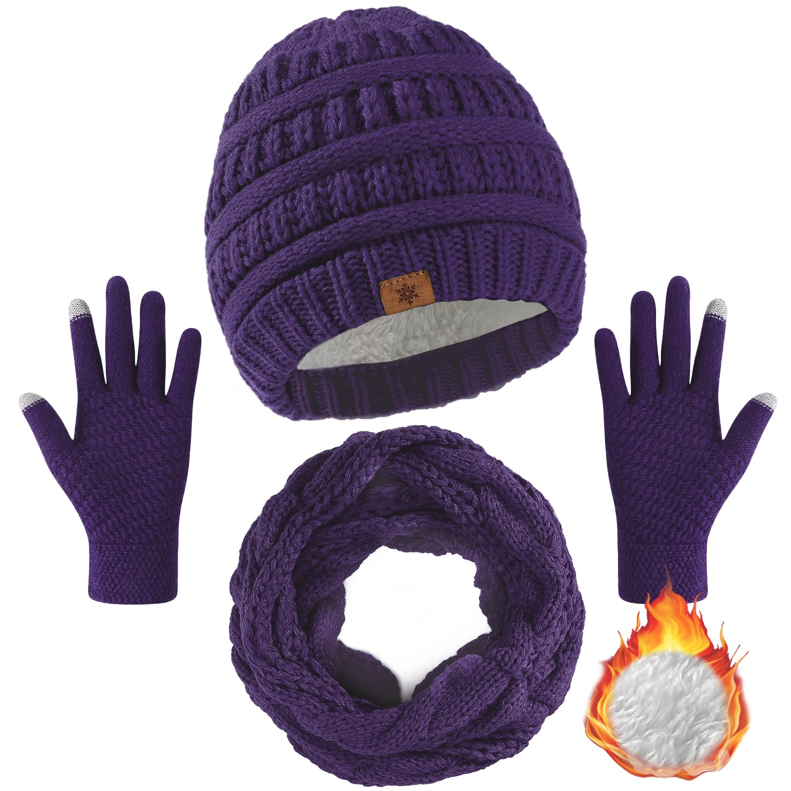 Winter beanie scarf gloves set, women's winter clothing, wool-lined hat touchscreen gloves thick neck warmer
