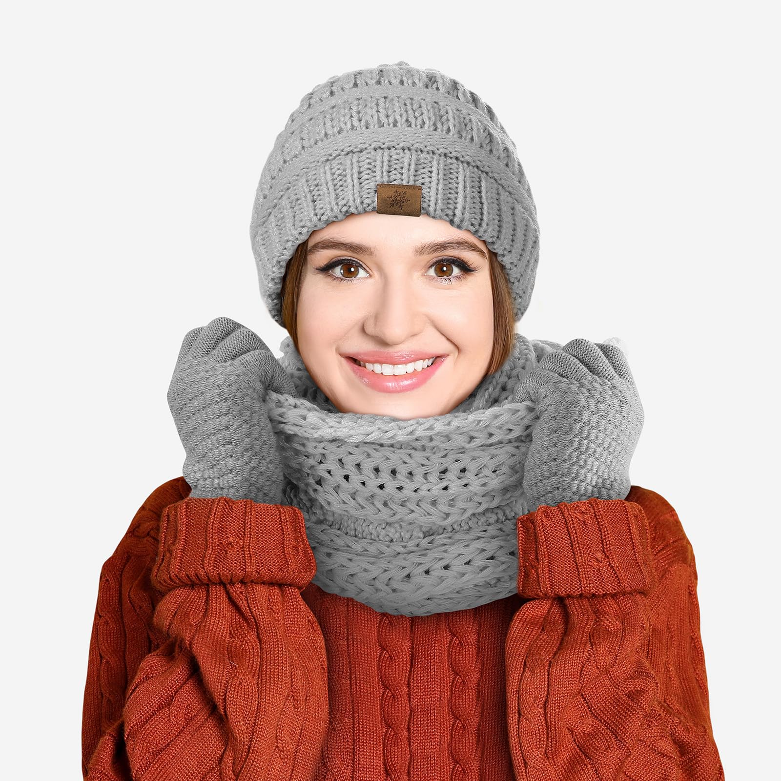 Winter beanie scarf gloves set, women's winter clothing, wool-lined hat touchscreen gloves thick neck warmer