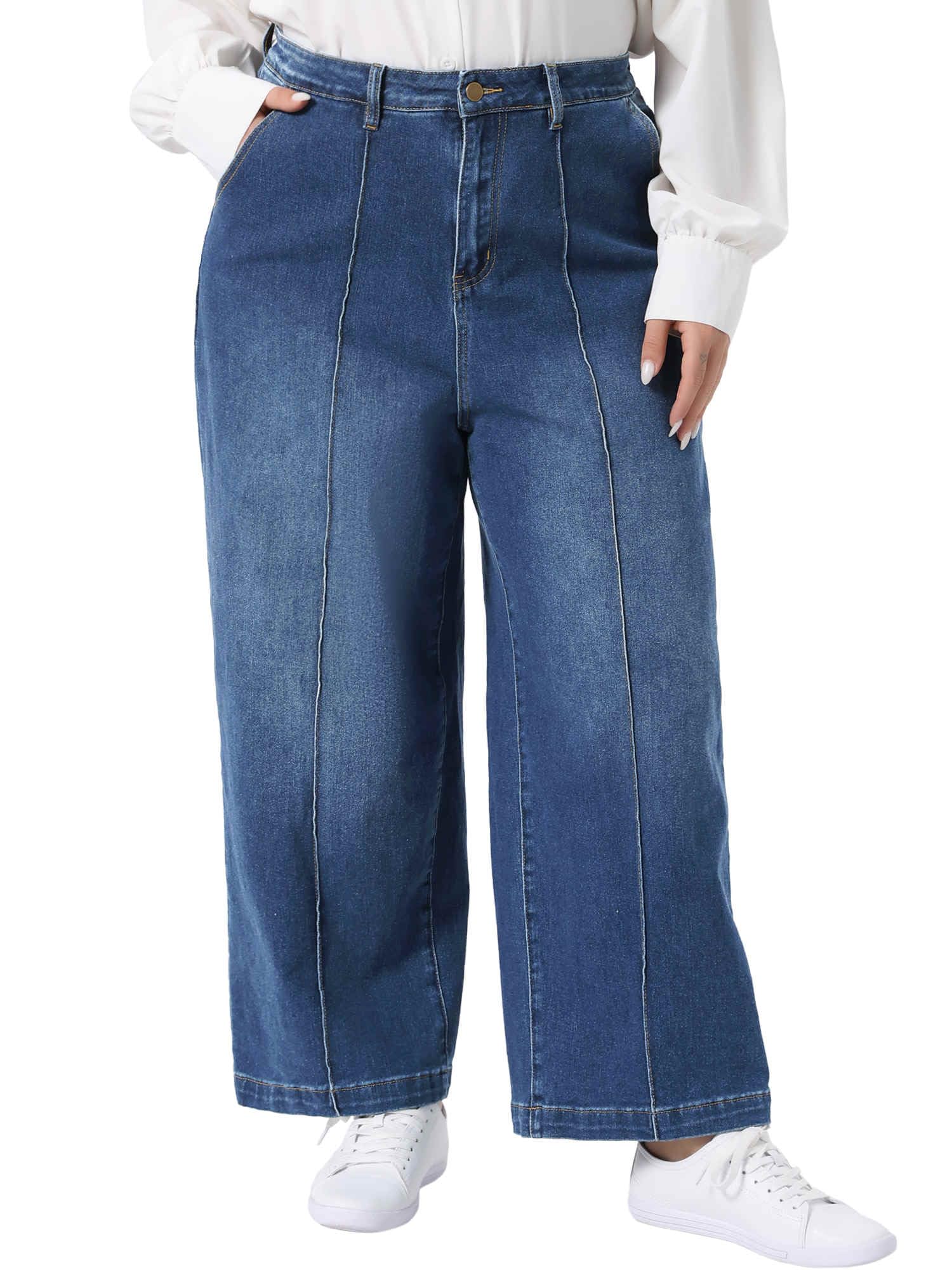 Plus Size Jeans for Women Wide Leg Baggy Washed Stretch with Pockets Denim Ankle Pants