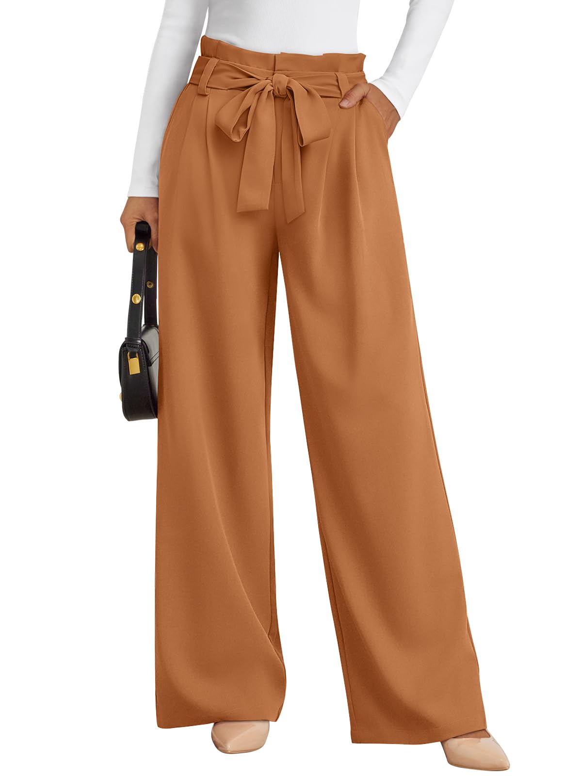 Wide Leg Dress Pants Women's Paperbag High Waisted Business Casual Trousers with Removable Belt