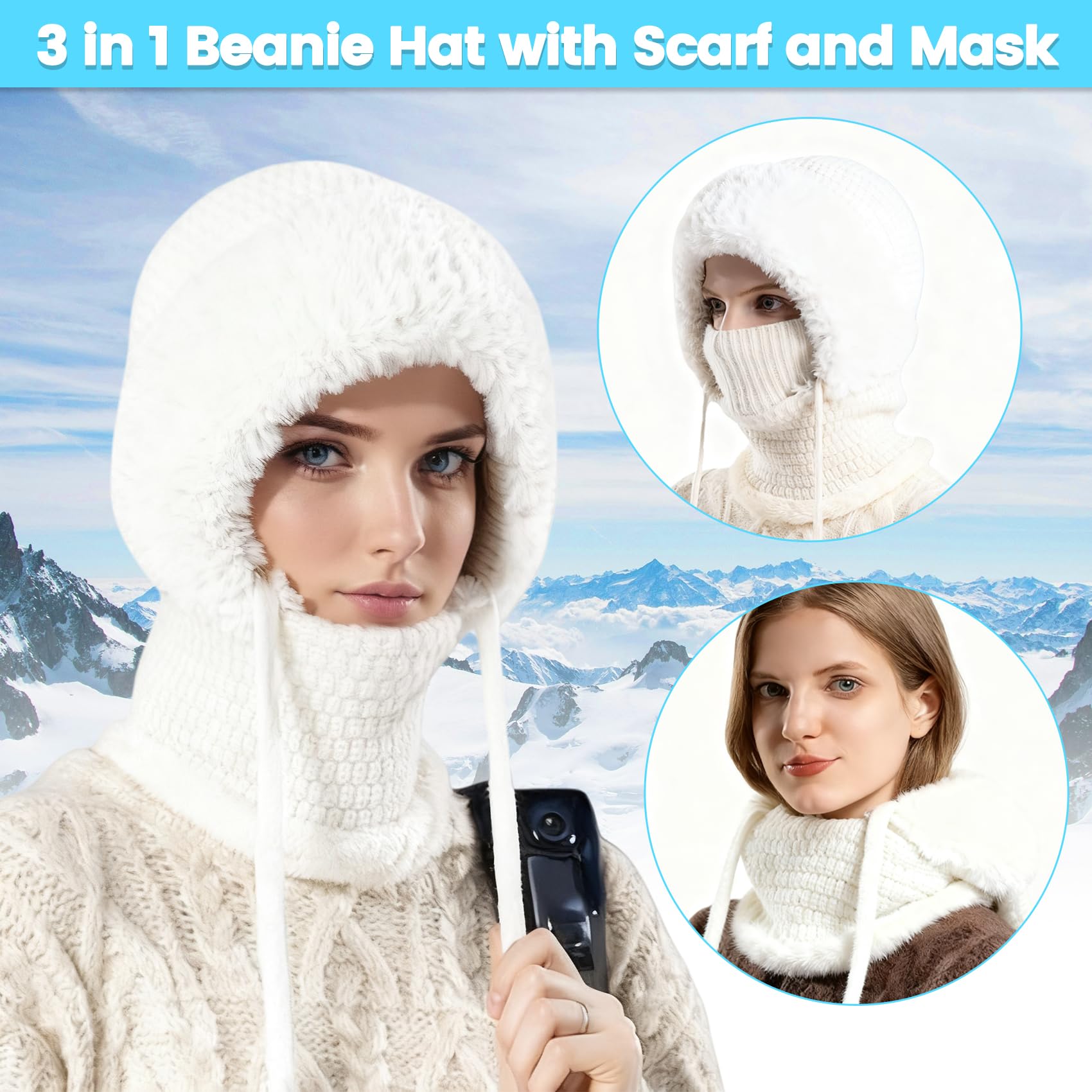 3-in-1 brimless hat with scarf and mask, 3-in-1 women's beanie, knitted ski scarf and mask set, balaclava
