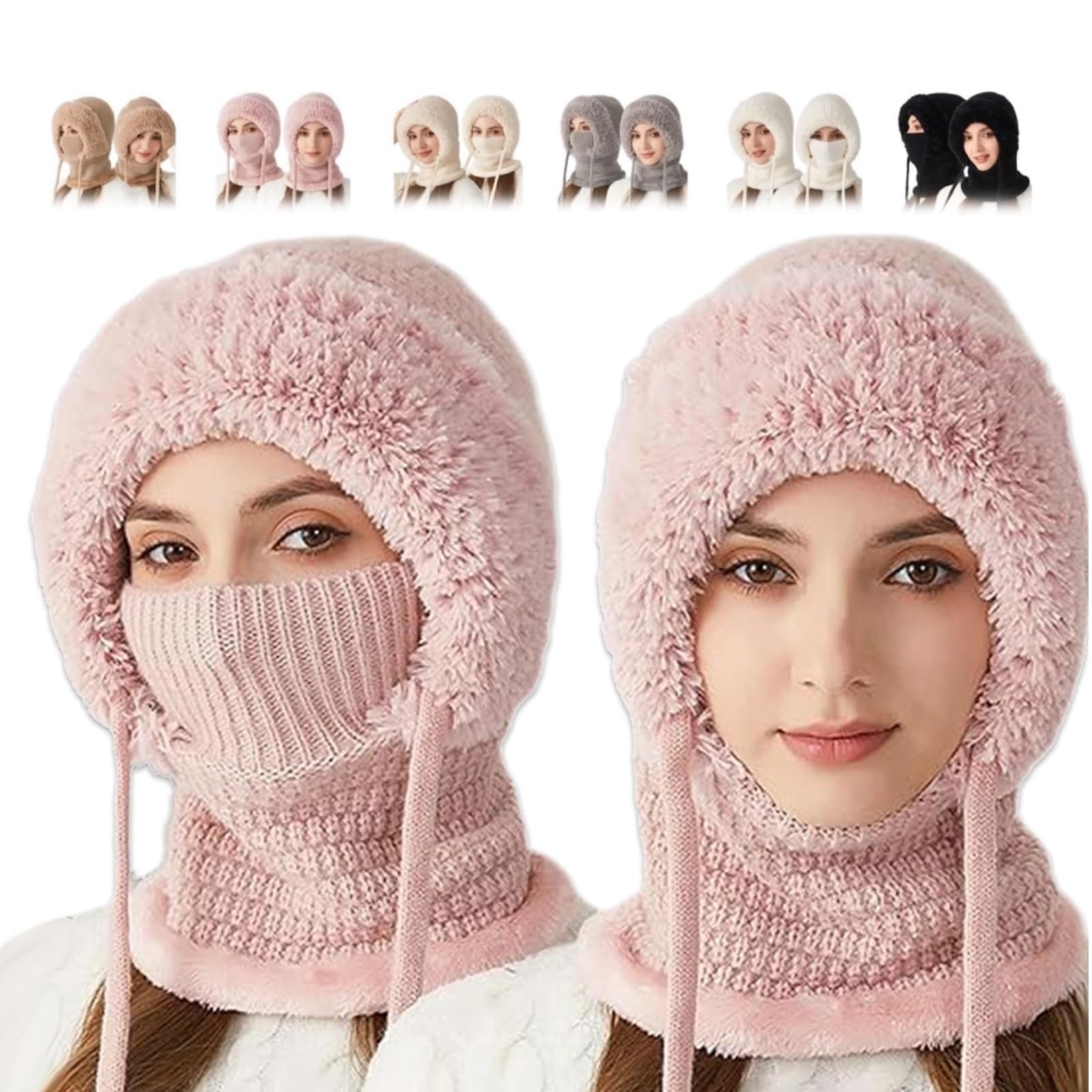 3-in-1 brimless hat with scarf and mask, 3-in-1 women's beanie, knitted ski scarf and mask set, balaclava