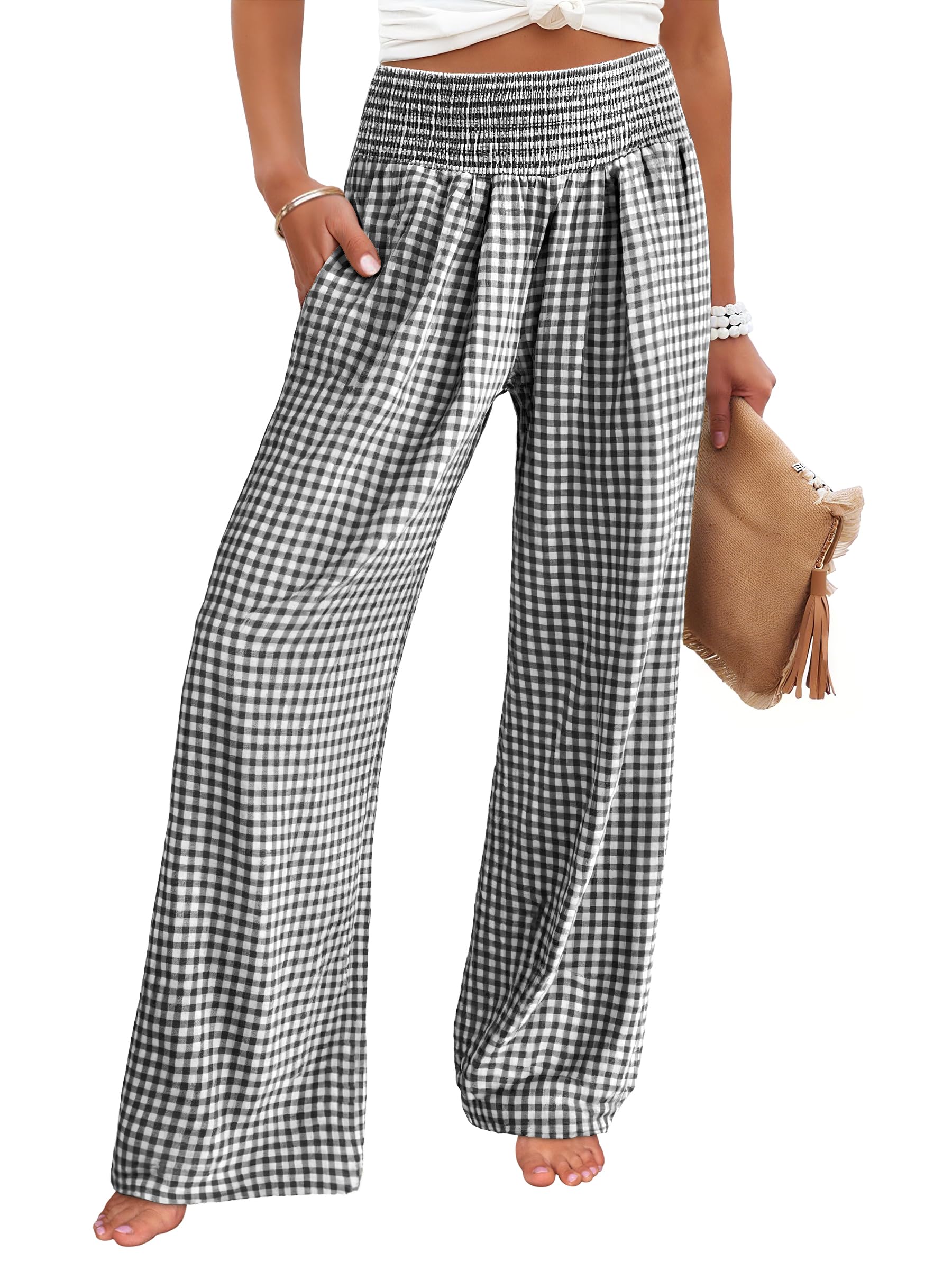 Womens Striped Pants Wide Leg High Waisted Lounge Pajama Pants Cute Casual Trousers with Pockets