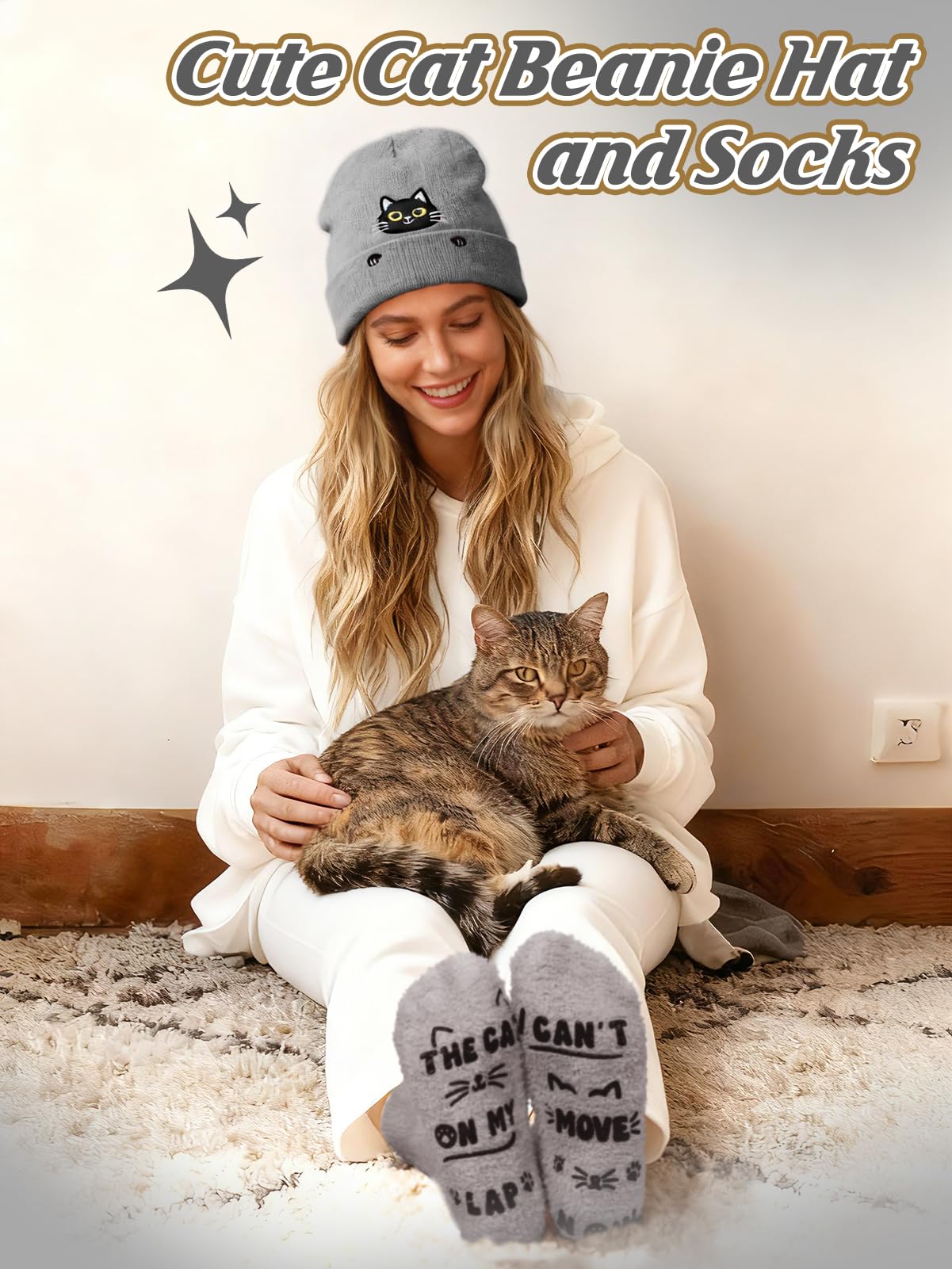 Cat Beanie Hat and Funny Socks for Women - Cute Warm Christmas Stocking Stuffers Gifts for Cat Lover