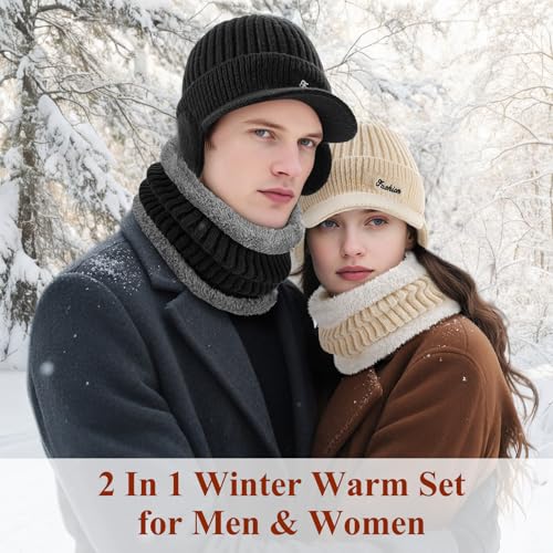 Winter beanie with ear cover, hat with brim and scarf set, warm wool-lined skullcap neck warmer