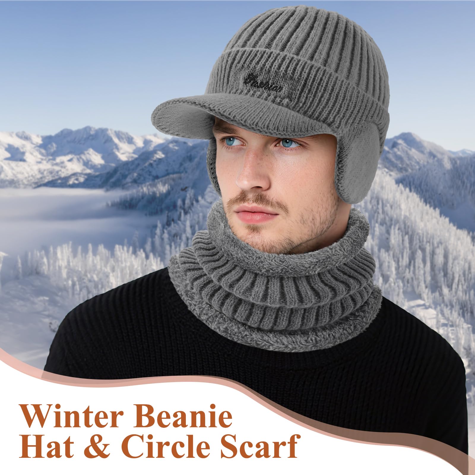 Winter beanie with ear cover, hat with brim and scarf set, warm wool-lined skullcap neck warmer