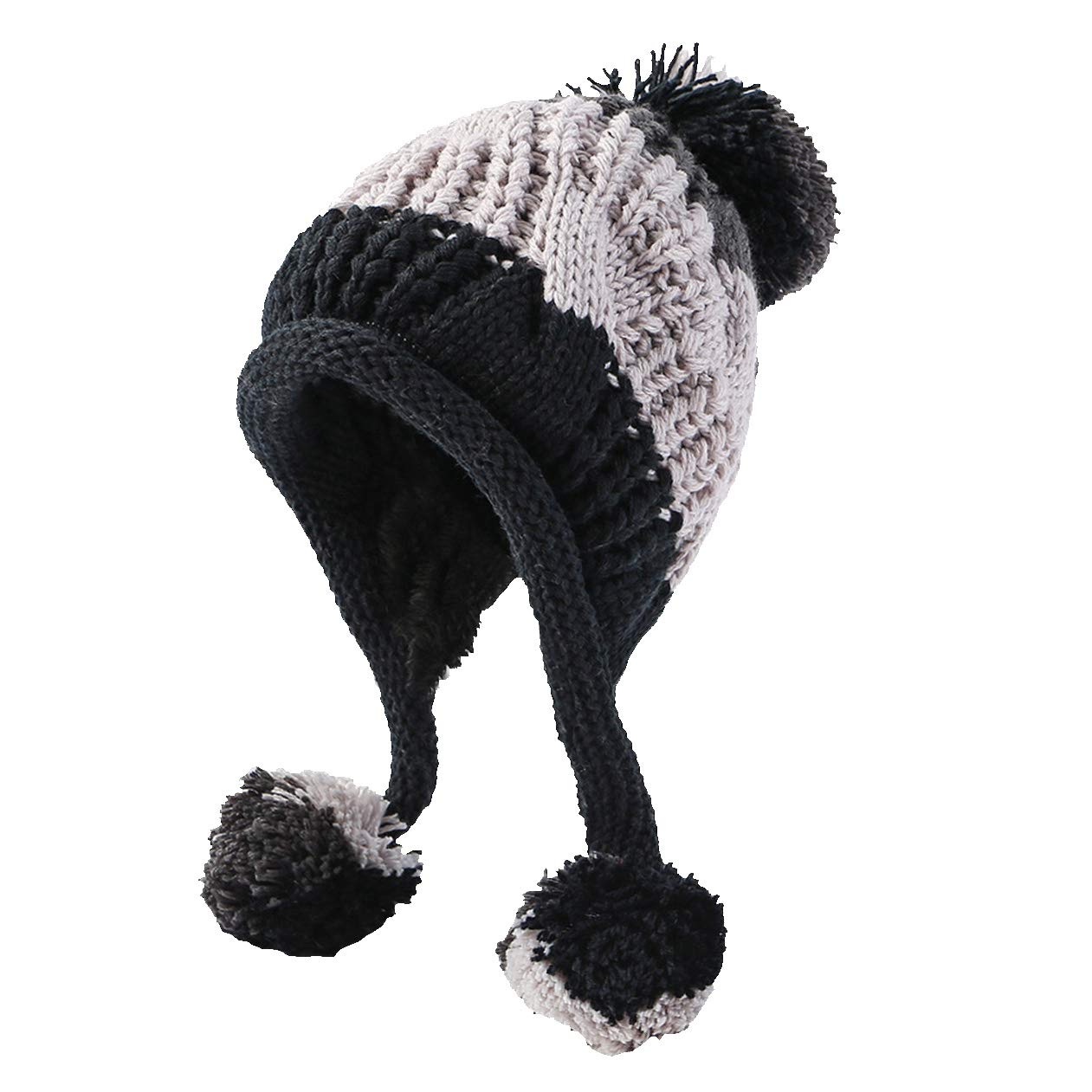 Women's winter Peruvian ear-covering beanie with Sherpa lining, wool knit, 3 pom-poms for skiing and snowboarding