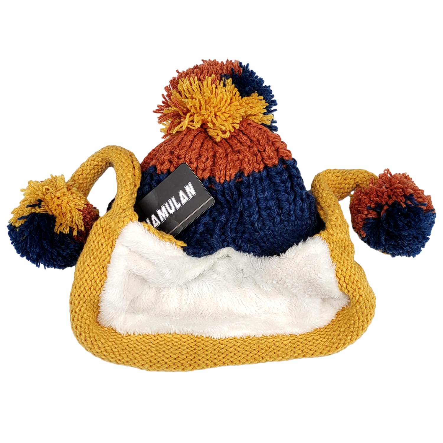 Women's winter Peruvian ear-covering beanie with Sherpa lining, wool knit, 3 pom-poms for skiing and snowboarding