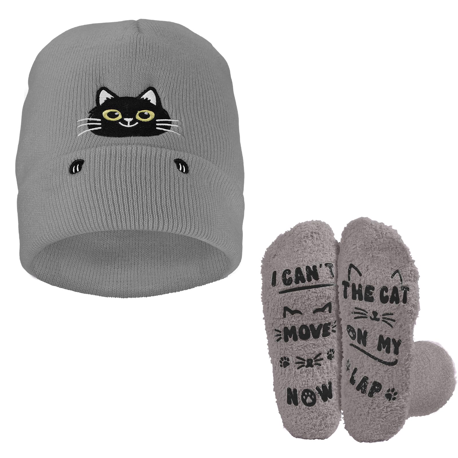 Cat Beanie Hat and Funny Socks for Women - Cute Warm Christmas Stocking Stuffers Gifts for Cat Lover