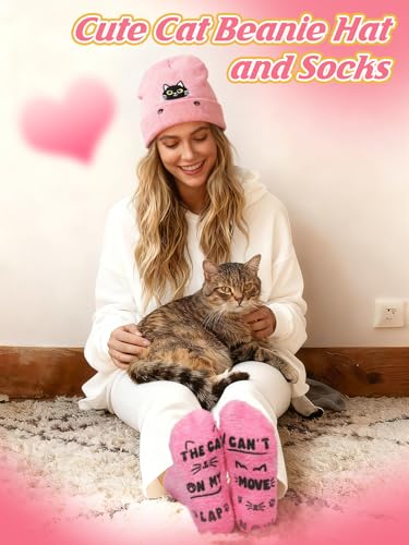Cat Beanie Hat and Funny Socks for Women - Cute Warm Christmas Stocking Stuffers Gifts for Cat Lover