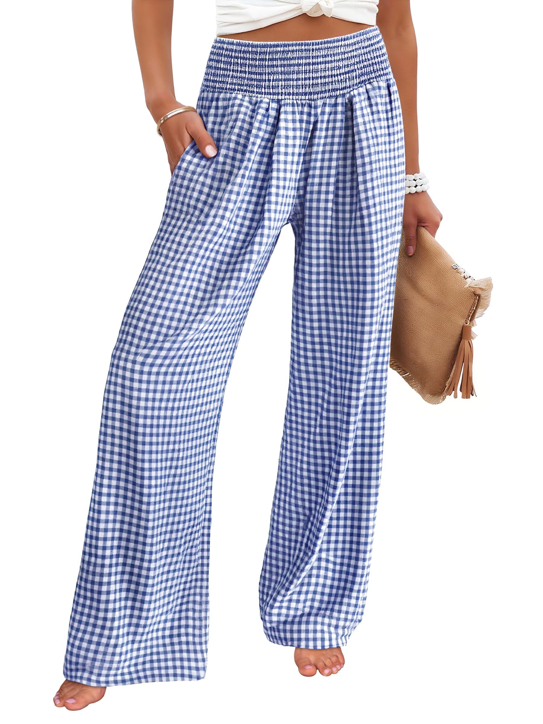 Womens Striped Pants Wide Leg High Waisted Lounge Pajama Pants Cute Casual Trousers with Pockets