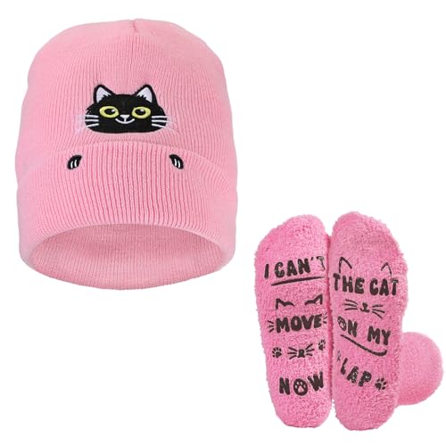 Cat Beanie Hat and Funny Socks for Women - Cute Warm Christmas Stocking Stuffers Gifts for Cat Lover