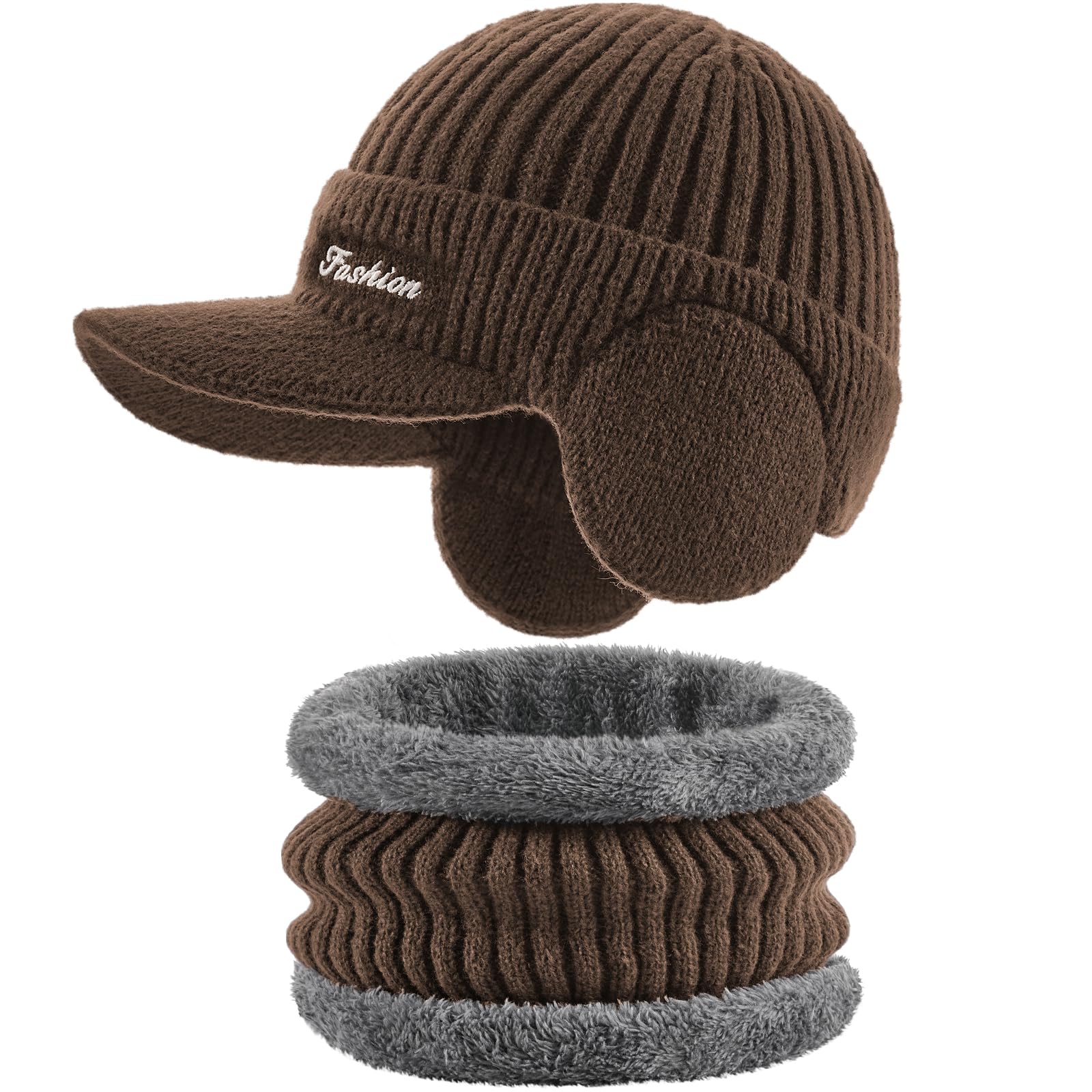 Winter beanie with ear cover, hat with brim and scarf set, warm wool-lined skullcap neck warmer