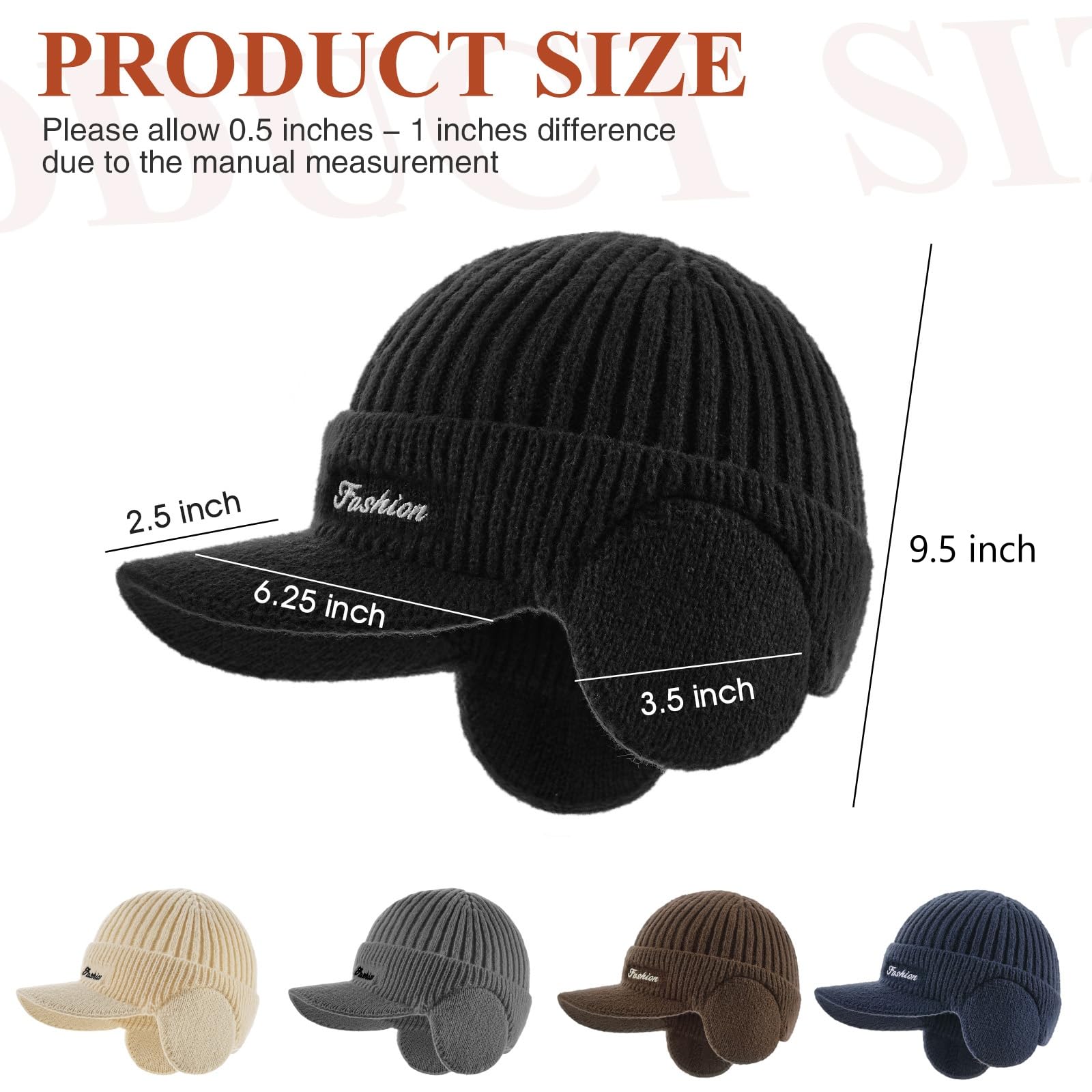 Winter beanie with ear cover, hat with brim and scarf set, warm wool-lined skullcap neck warmer