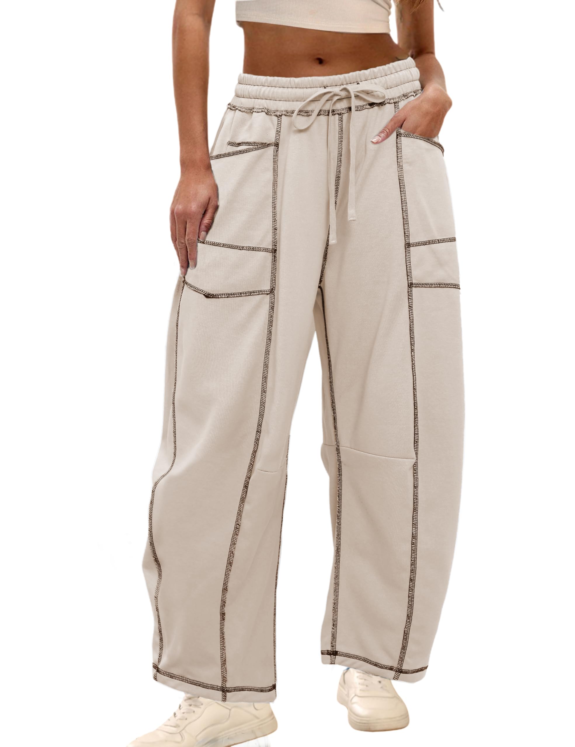 Womens Baggy Barrel Pants Wide Leg Lounge Drawstring Sweatpants with Pockets