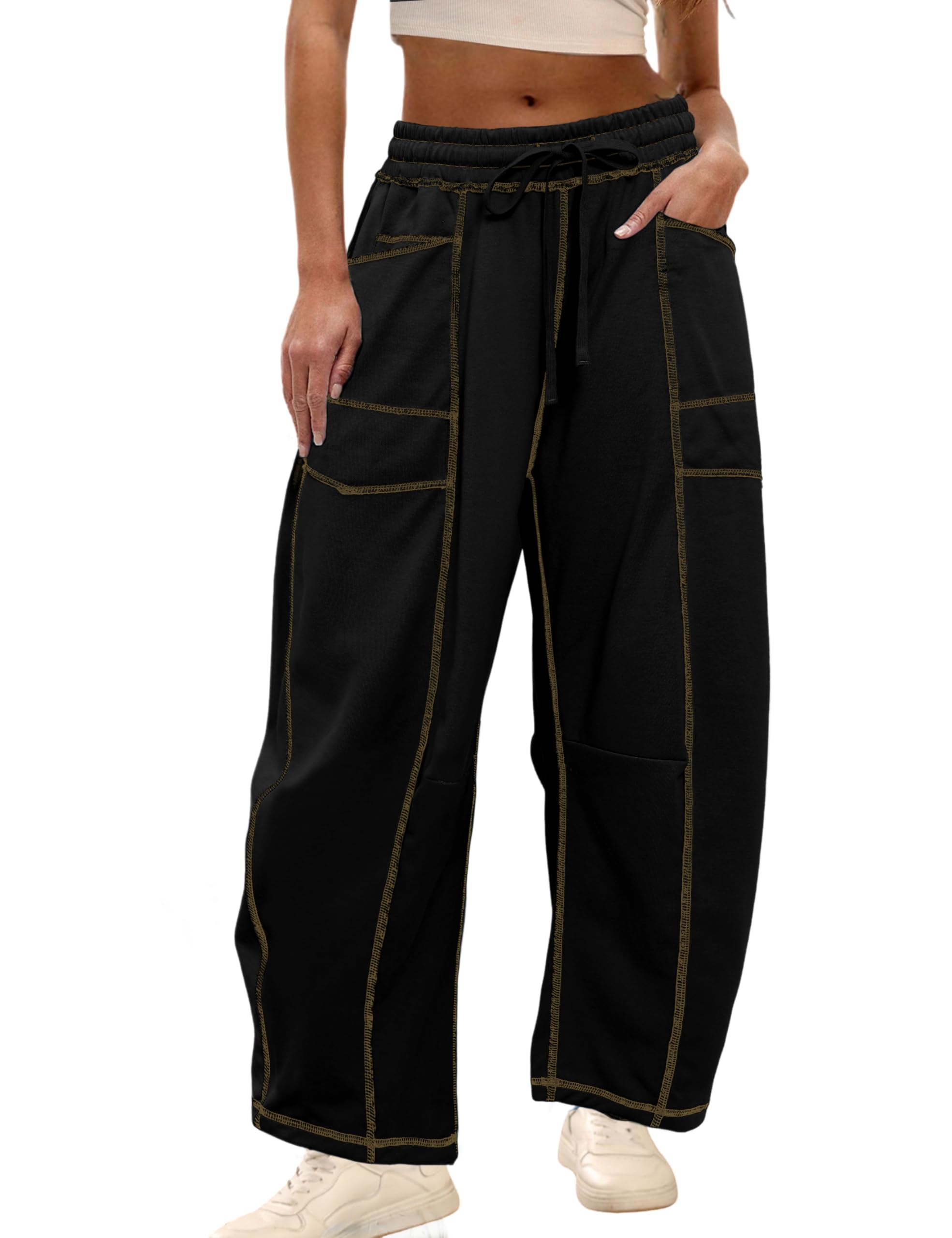 Womens Baggy Barrel Pants Wide Leg Lounge Drawstring Sweatpants with Pockets