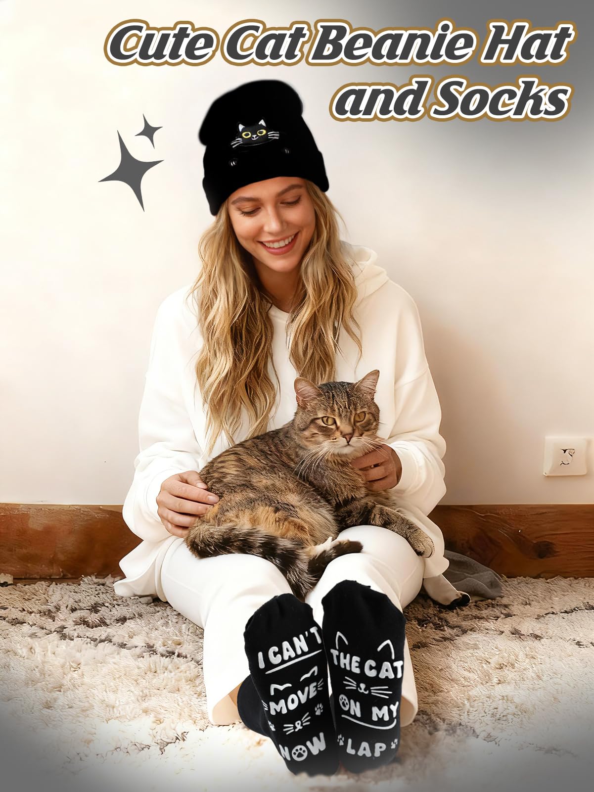 Cat Beanie Hat and Funny Socks for Women - Cute Warm Christmas Stocking Stuffers Gifts for Cat Lover