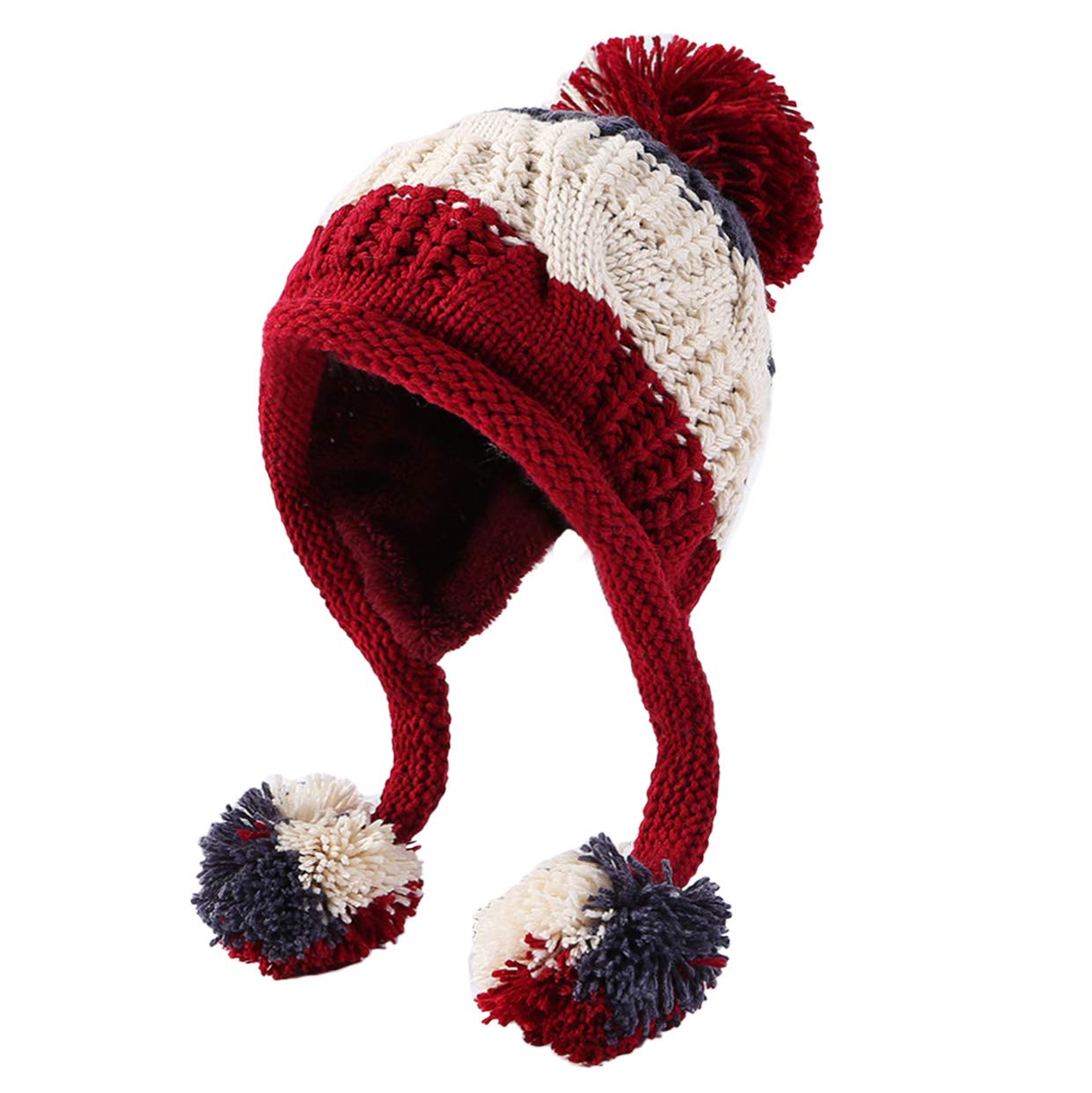 Women's winter Peruvian ear-covering beanie with Sherpa lining, wool knit, 3 pom-poms for skiing and snowboarding