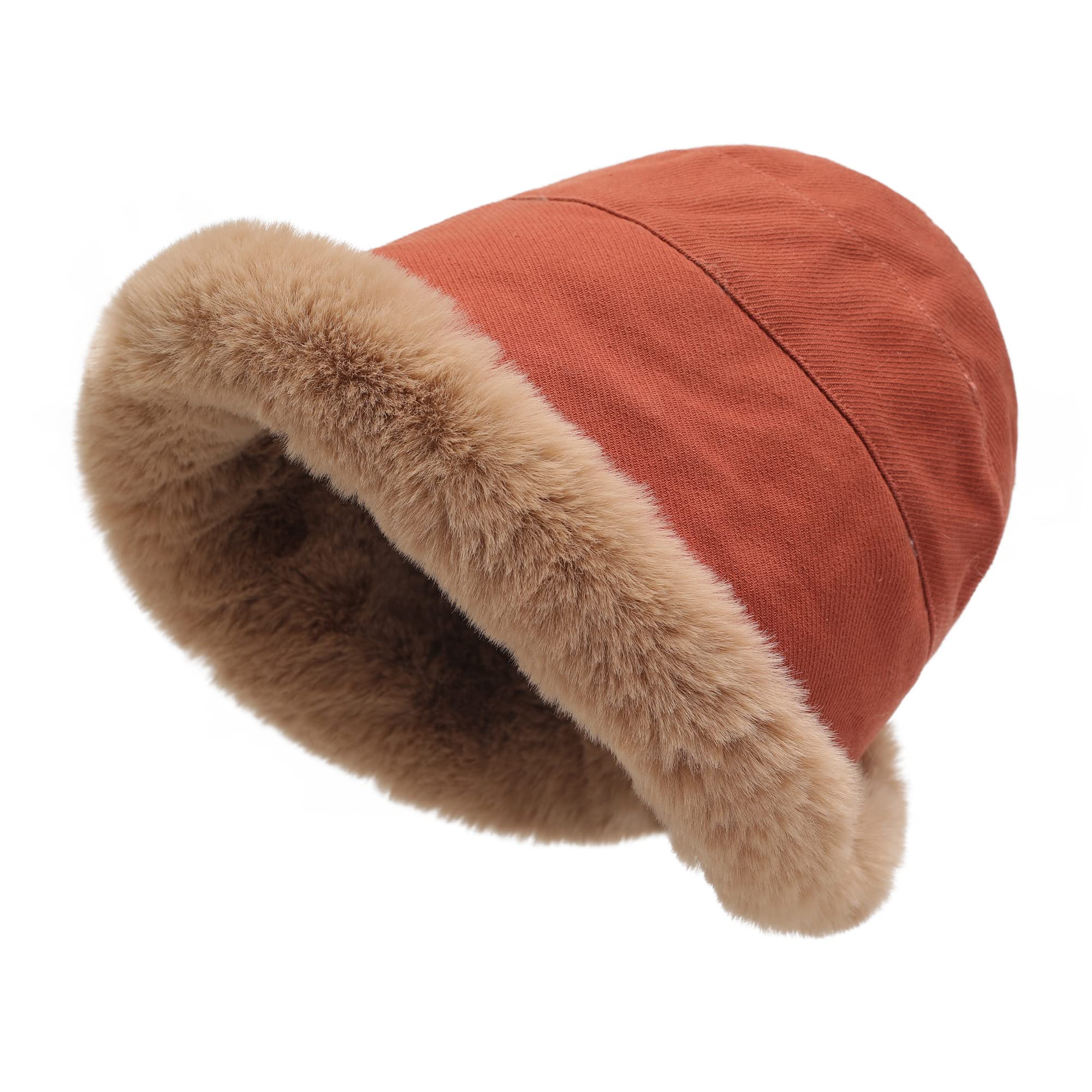 Women's winter plush fisherman hat with rolled brim and artificial fur brim shape, with wool lining