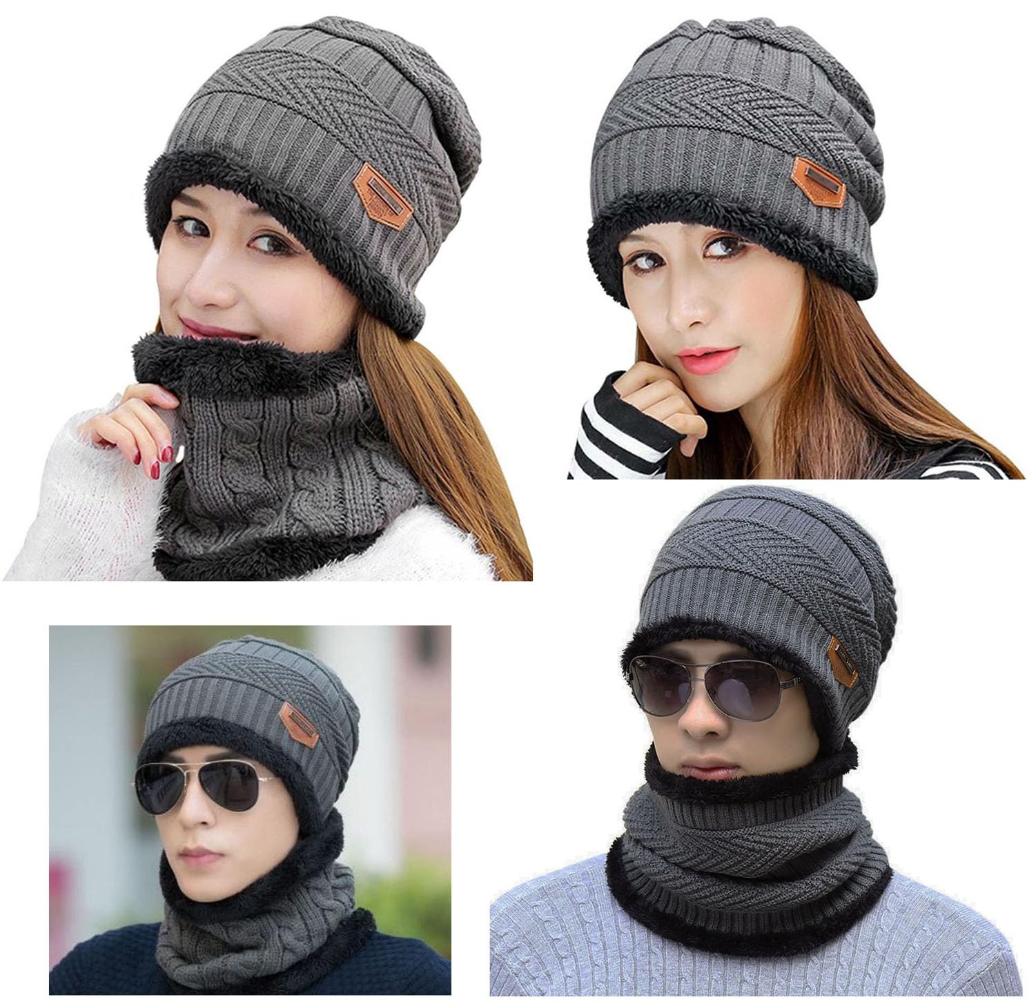 Winter hat, scarf, gloves, casual brimless hat, snow knitted skull cap, touch screen fingerless gloves, round scarf, women's style