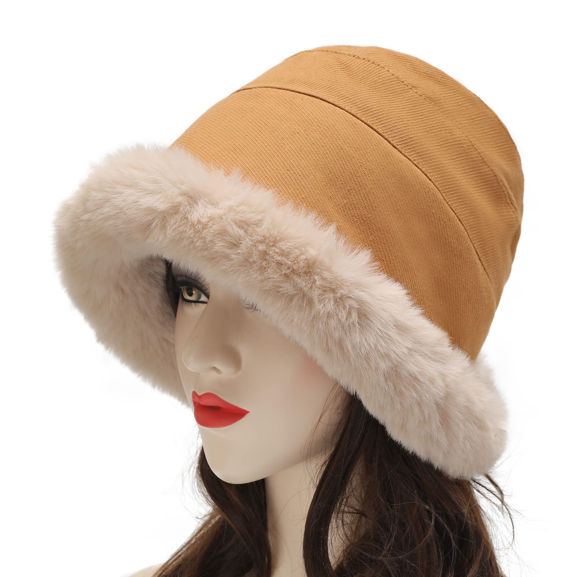 Women's winter plush fisherman hat with rolled brim and artificial fur brim shape, with wool lining