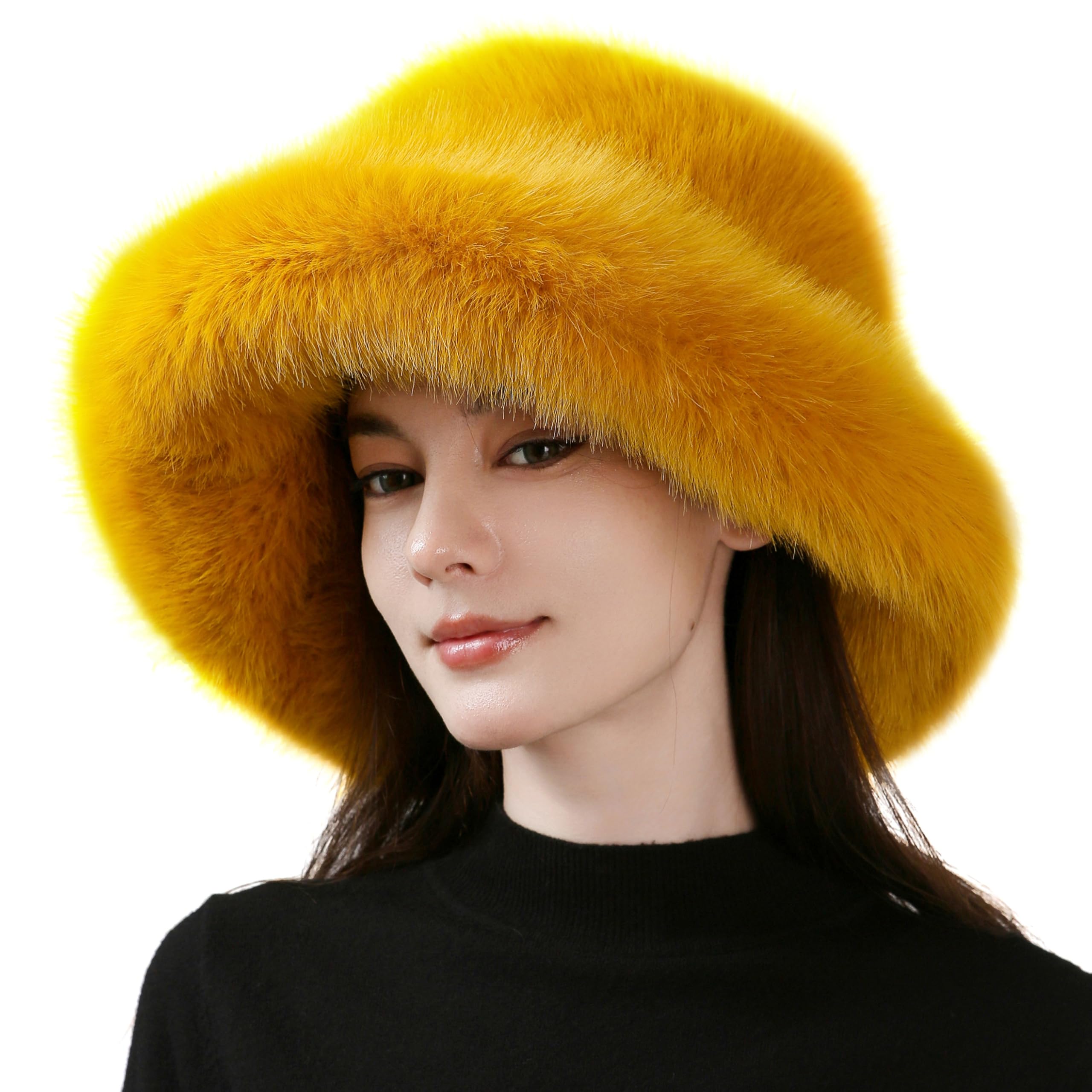 Dikoaina Lady's Girls' Chinese-made Fur Fishing Hat - Extra-large brim, super soft and fluffy winter hat, comfortable wool without brim