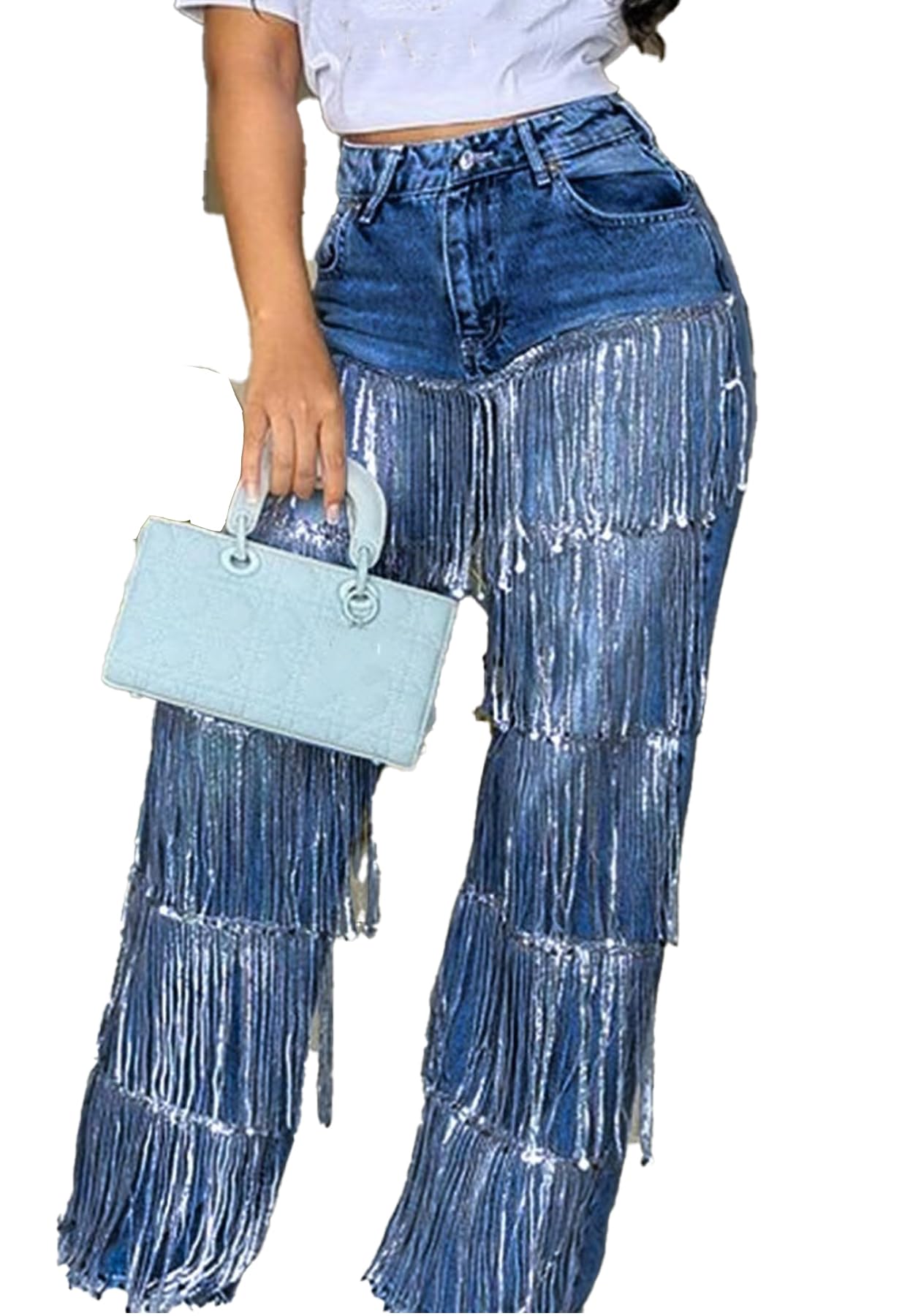 Women's High Waisted Sequin Fringe Jeans Baggy Straight Leg Sparkly Tassels Denim Pants Y2K Streetwear