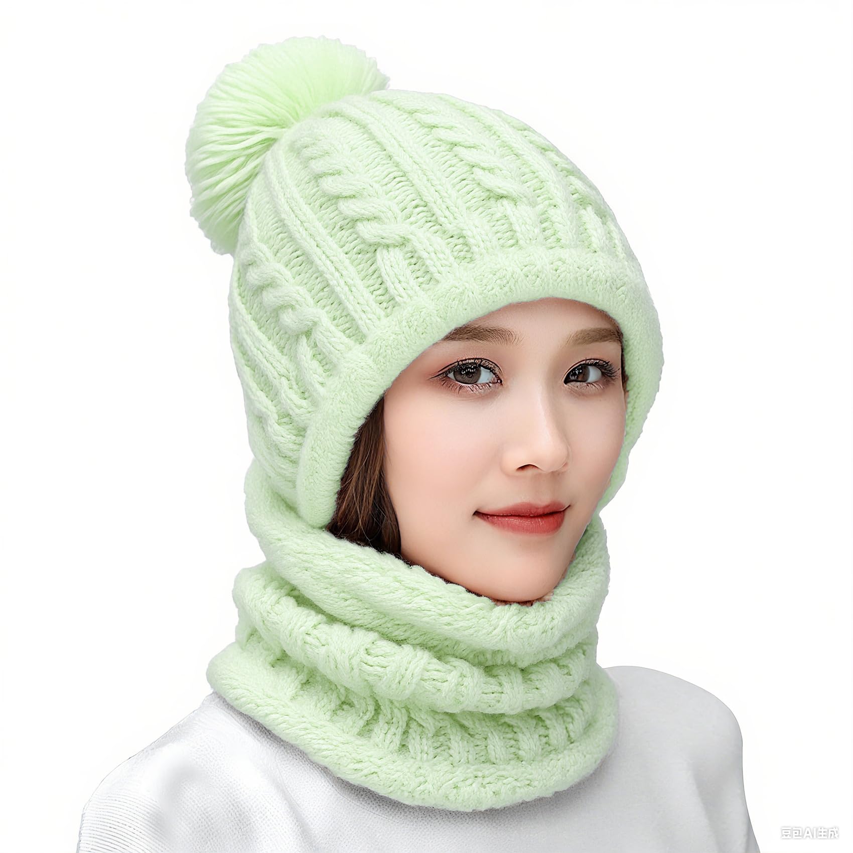 Women's winter unhooded woolen-lined knitted beret mask set with skull collar and round scarf, ski hat with pom-poms