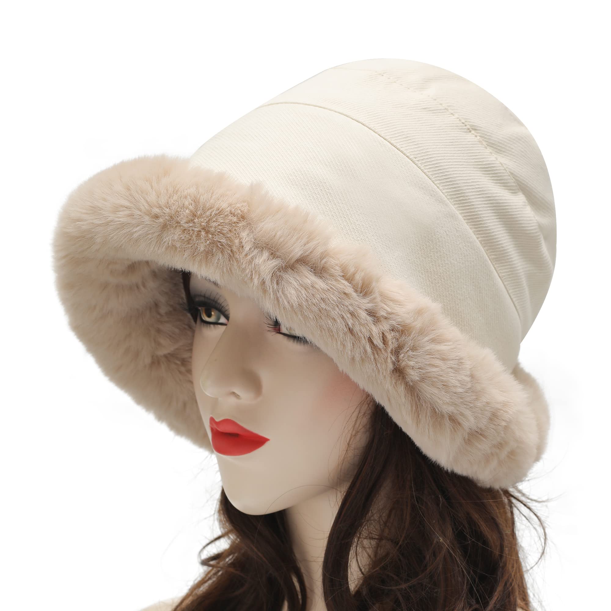 Women's winter plush fisherman hat with rolled brim and artificial fur brim shape, with wool lining