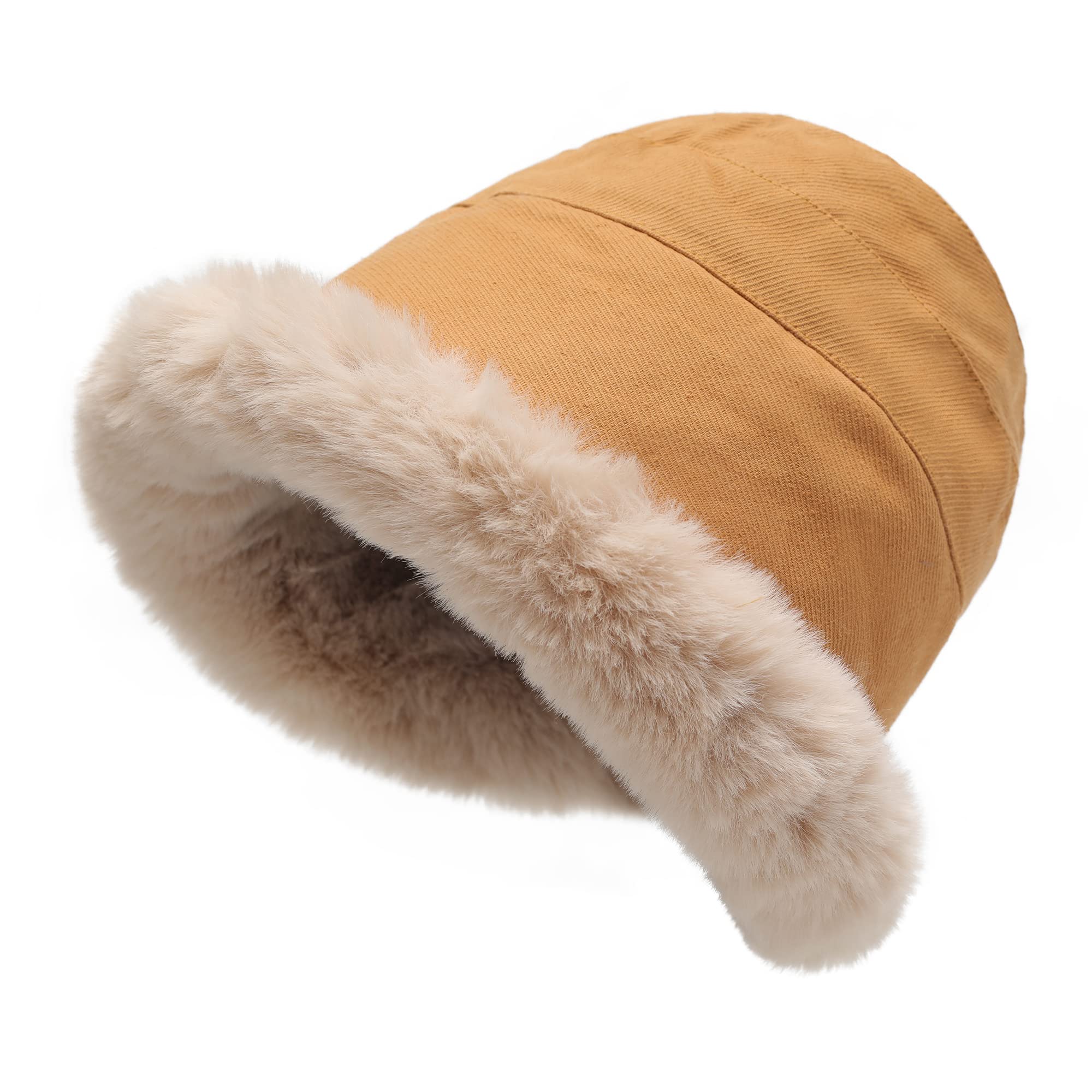 Women's winter plush fisherman hat with rolled brim and artificial fur brim shape, with wool lining