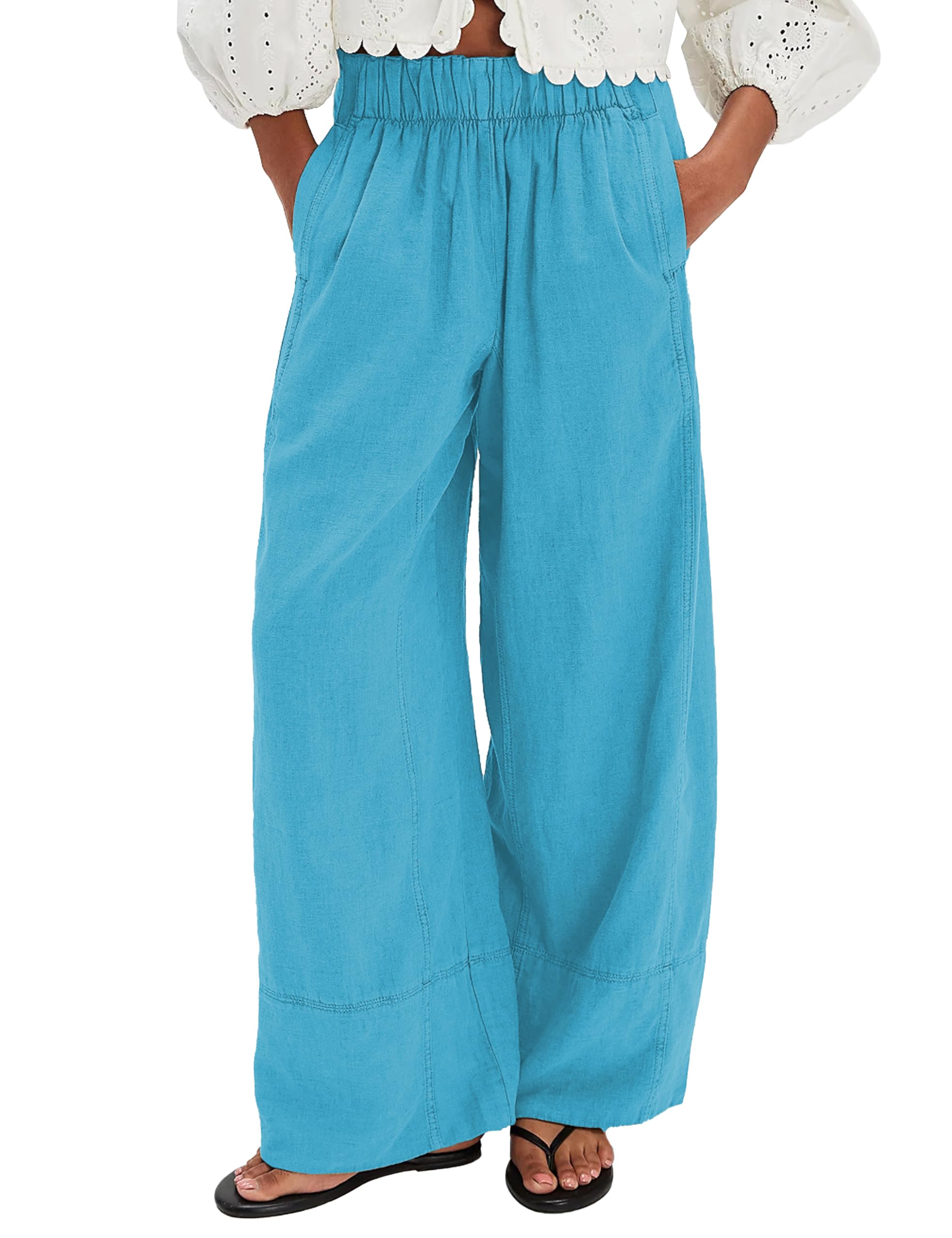 Women's Linen Wide Leg Pants Elastic Waist Summer Boho Palazzo Pants Beach Vacation Casual Trousers with Pockets