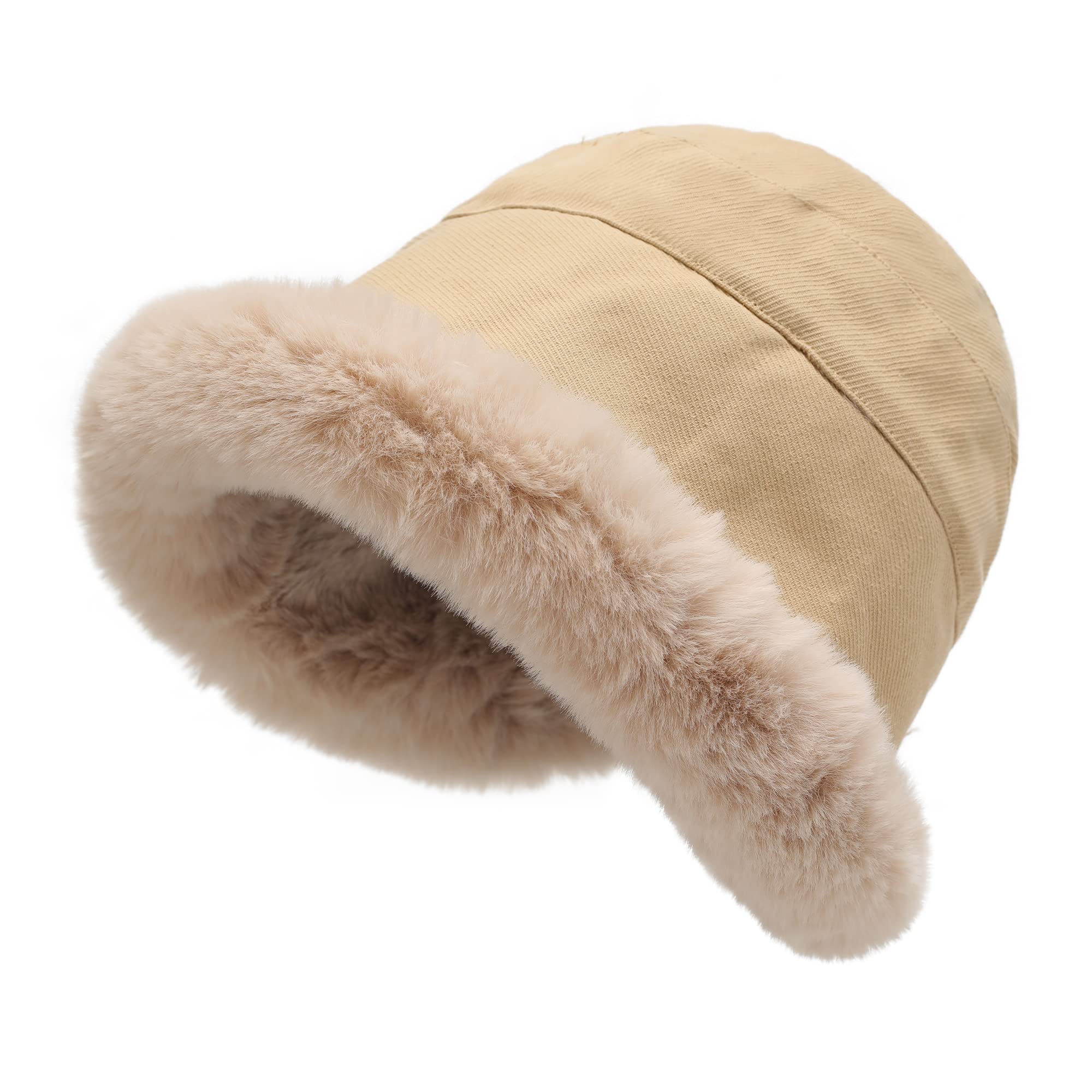 Women's winter plush fisherman hat with rolled brim and artificial fur brim shape, with wool lining