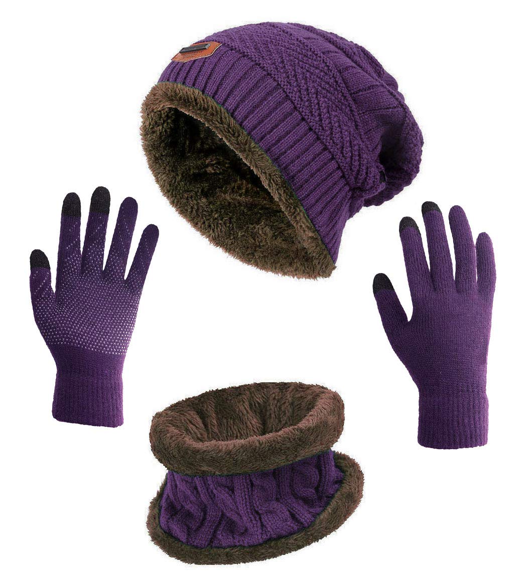 Winter hat, scarf, gloves, casual brimless hat, snow knitted skull cap, touch screen fingerless gloves, round scarf, women's style