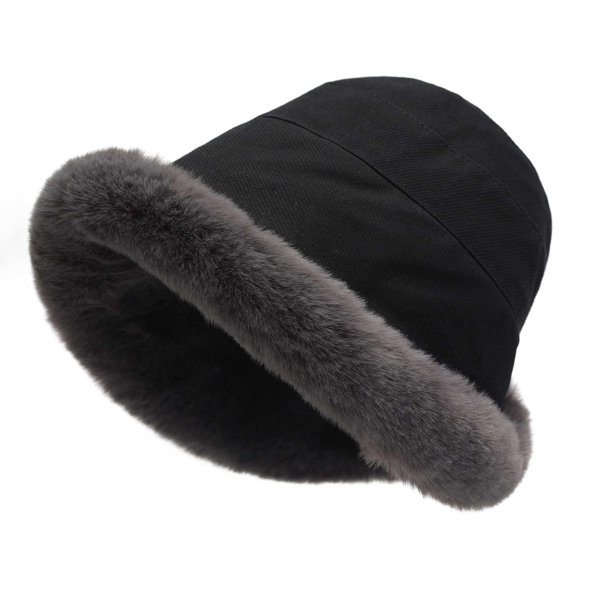 Women's winter plush fisherman hat with rolled brim and artificial fur brim shape, with wool lining