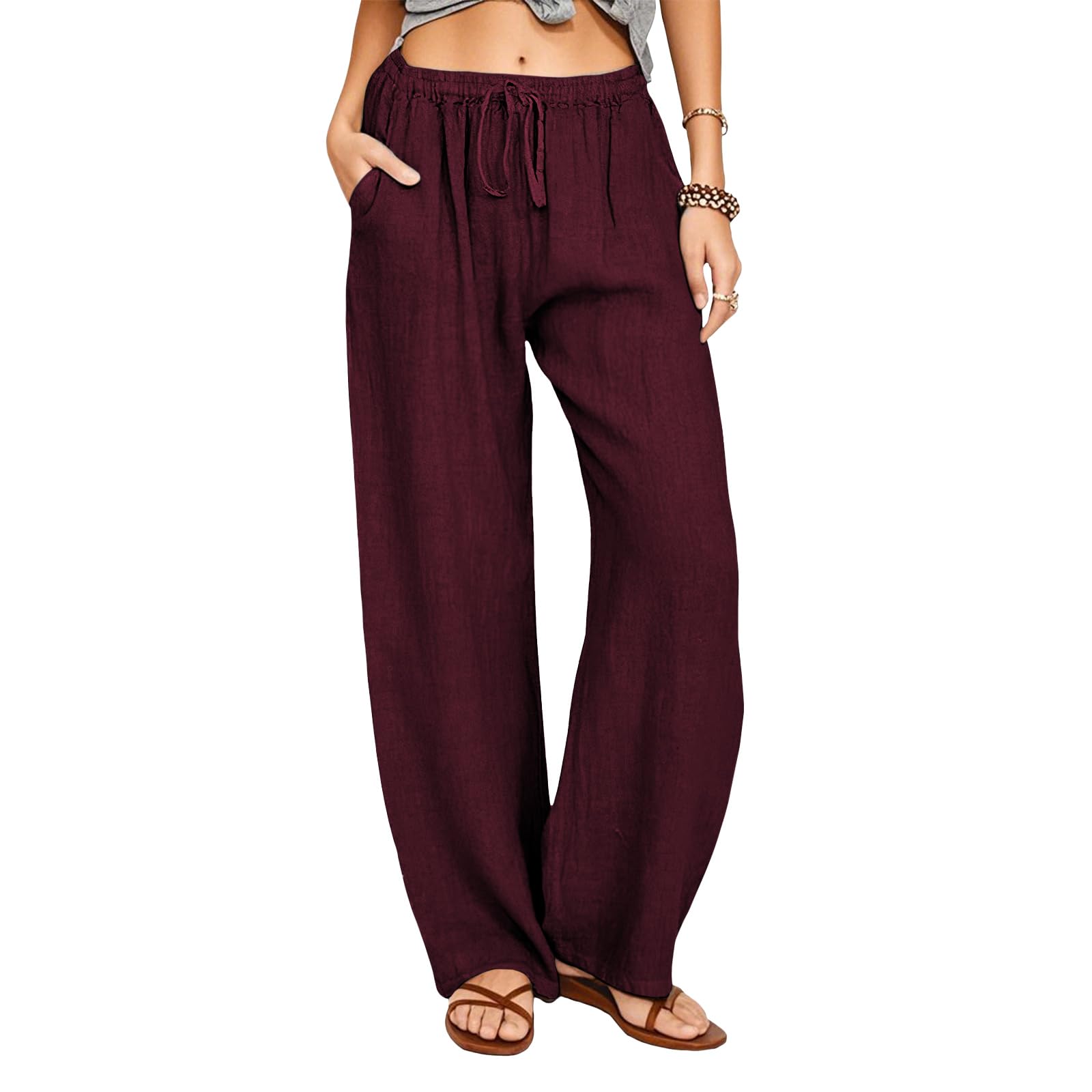 Women's Summer Drawstring Waist Wide Leg Loose Cotton Linen Palazzo Pants