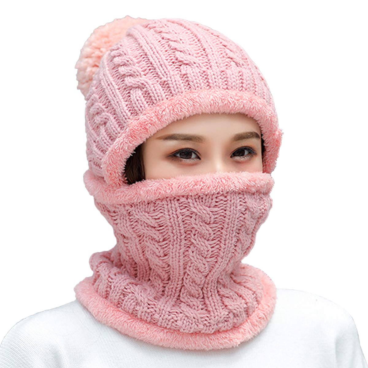 Women's winter unhooded woolen-lined knitted beret mask set with skull collar and round scarf, ski hat with pom-poms