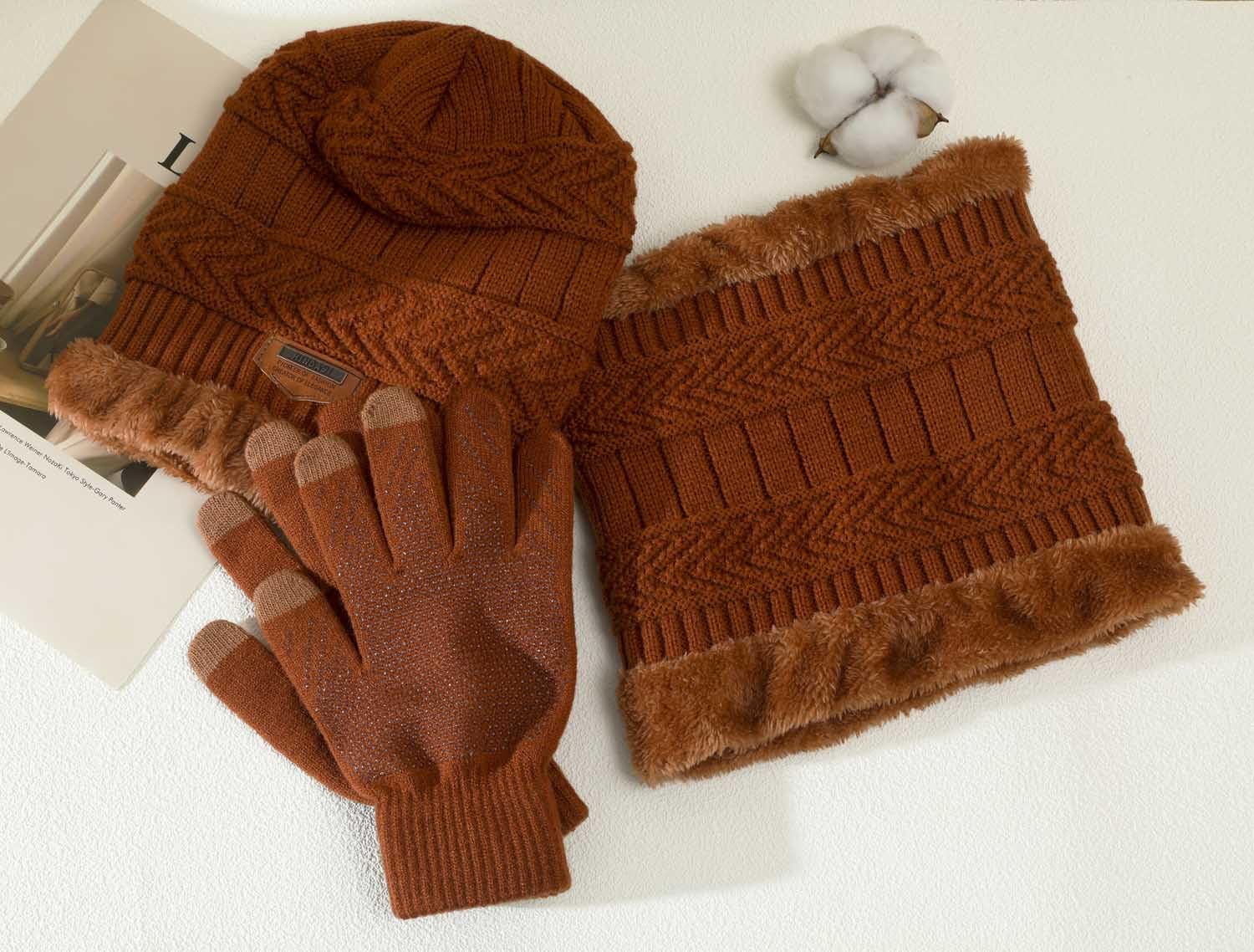 Winter hat, scarf, gloves, casual brimless hat, snow knitted skull cap, touch screen fingerless gloves, round scarf, women's style