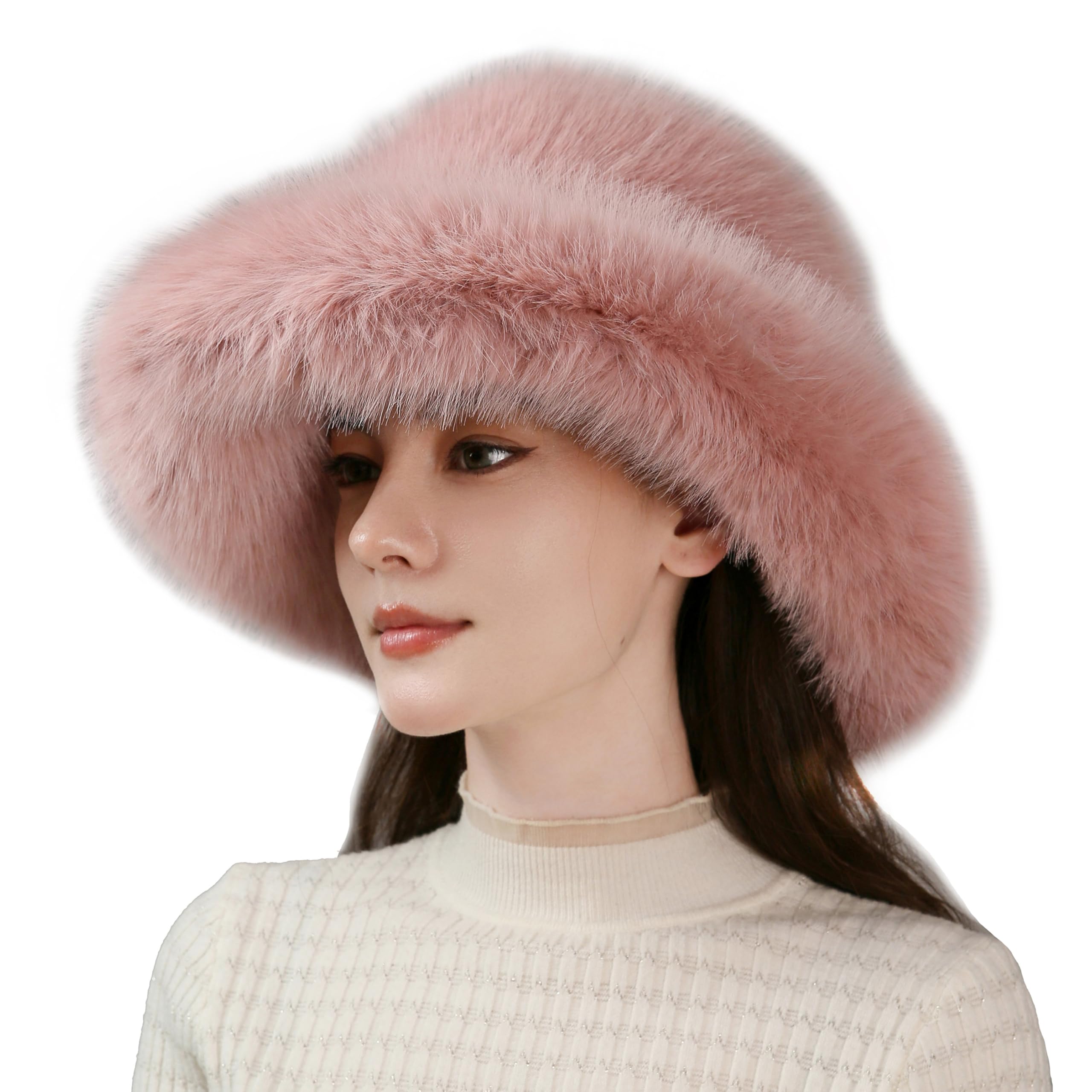 Dikoaina Lady's Girls' Chinese-made Fur Fishing Hat - Extra-large brim, super soft and fluffy winter hat, comfortable wool without brim