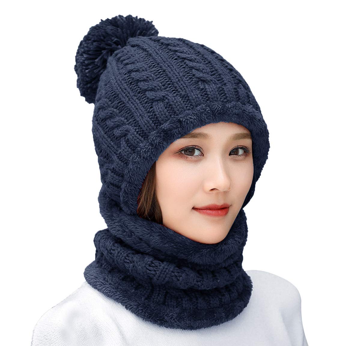 Women's winter unhooded woolen-lined knitted beret mask set with skull collar and round scarf, ski hat with pom-poms