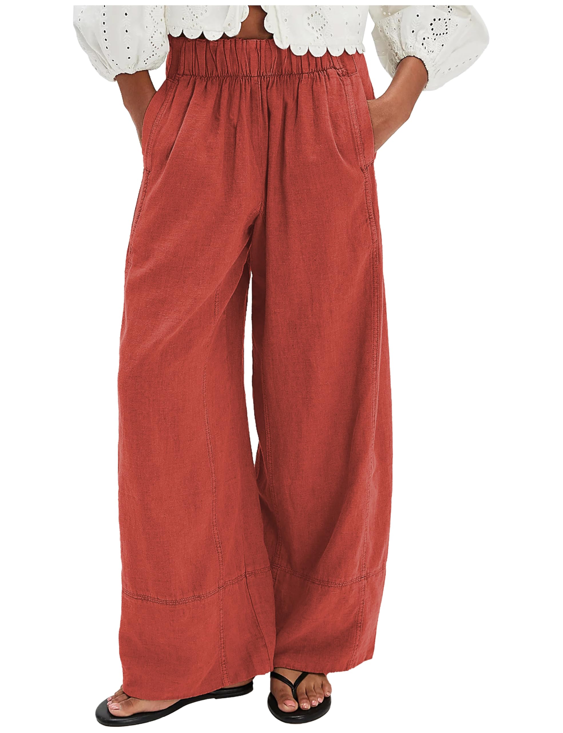 Women's Linen Wide Leg Pants Elastic Waist Summer Boho Palazzo Pants Beach Vacation Casual Trousers with Pockets