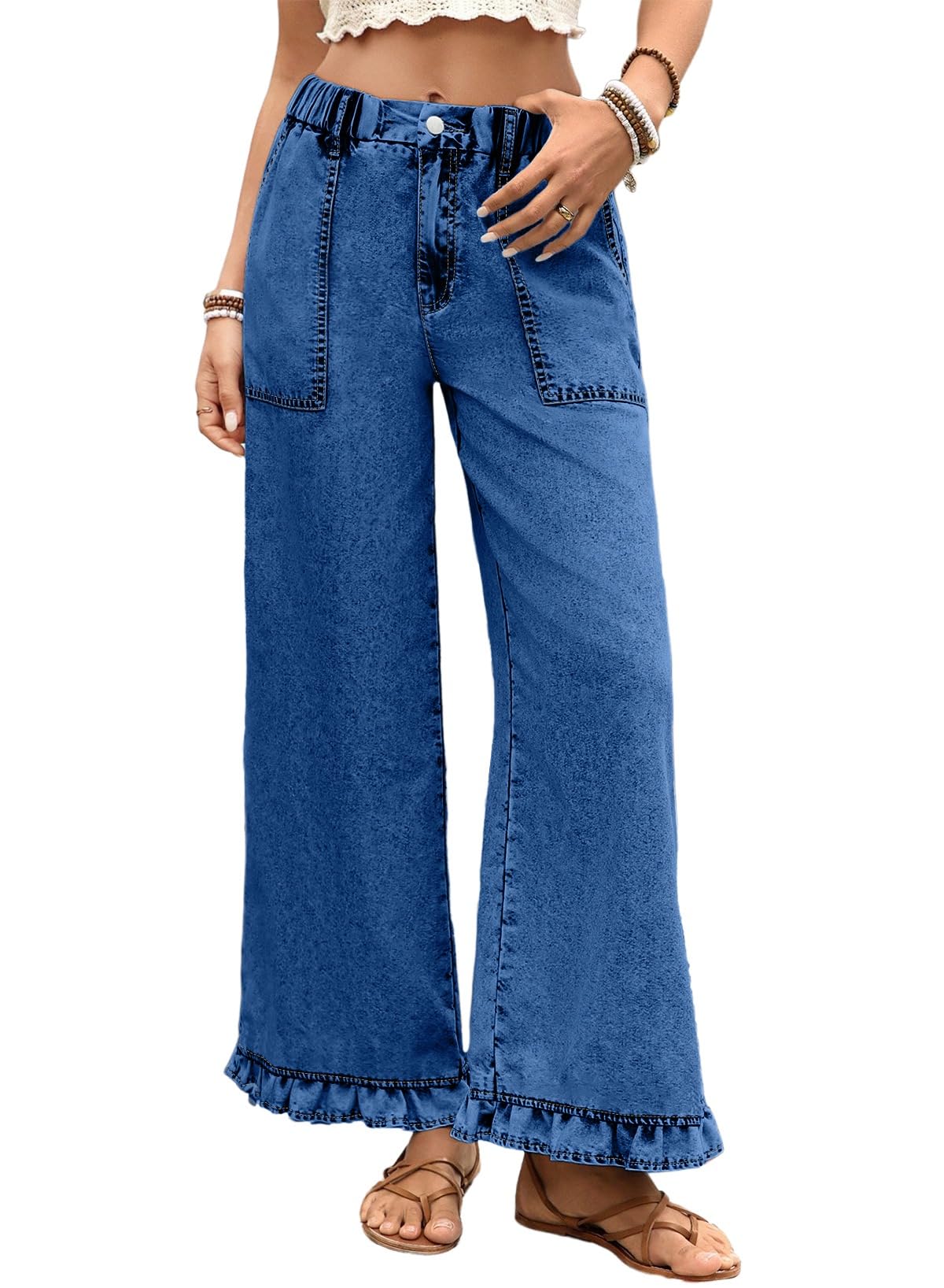 Wide Leg Jeans for Women Stretch High Wasited Baggy Trendy Denim Jean Ruffle Hem Pants