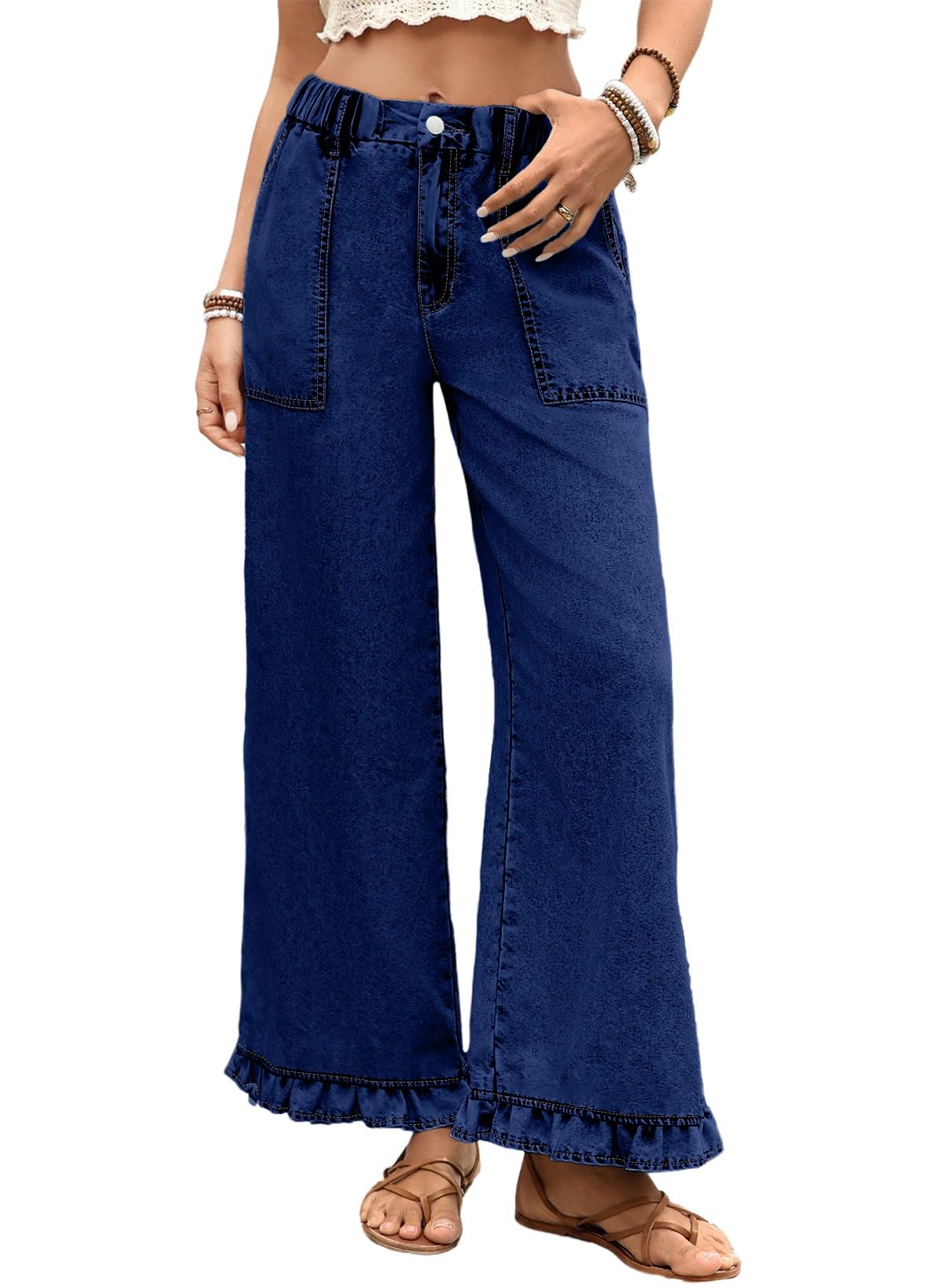 Wide Leg Jeans for Women Stretch High Wasited Baggy Trendy Denim Jean Ruffle Hem Pants