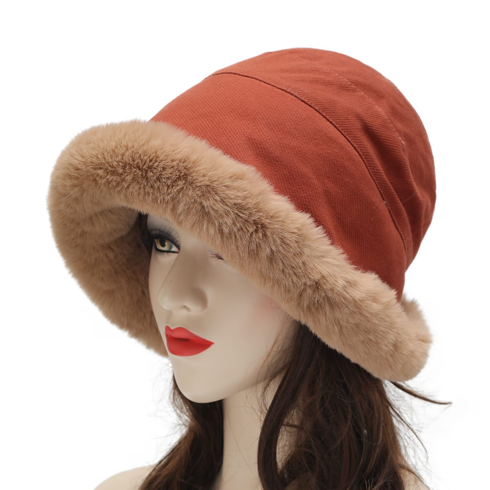 Women's winter plush fisherman hat with rolled brim and artificial fur brim shape, with wool lining