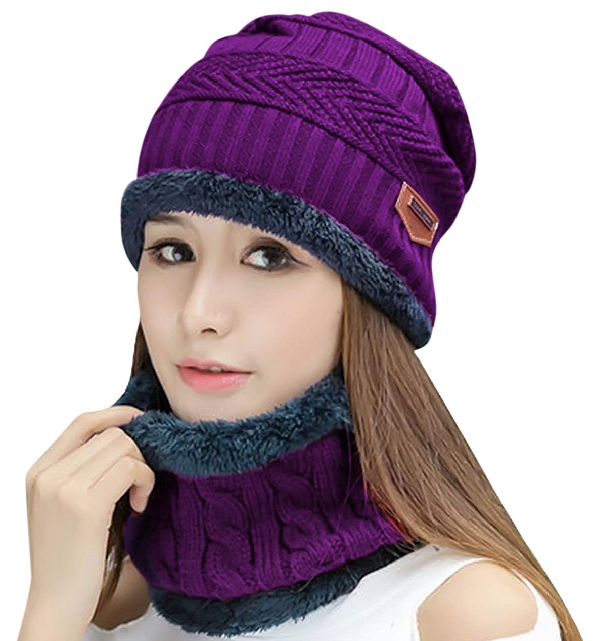 Winter hat, scarf, gloves, casual brimless hat, snow knitted skull cap, touch screen fingerless gloves, round scarf, women's style