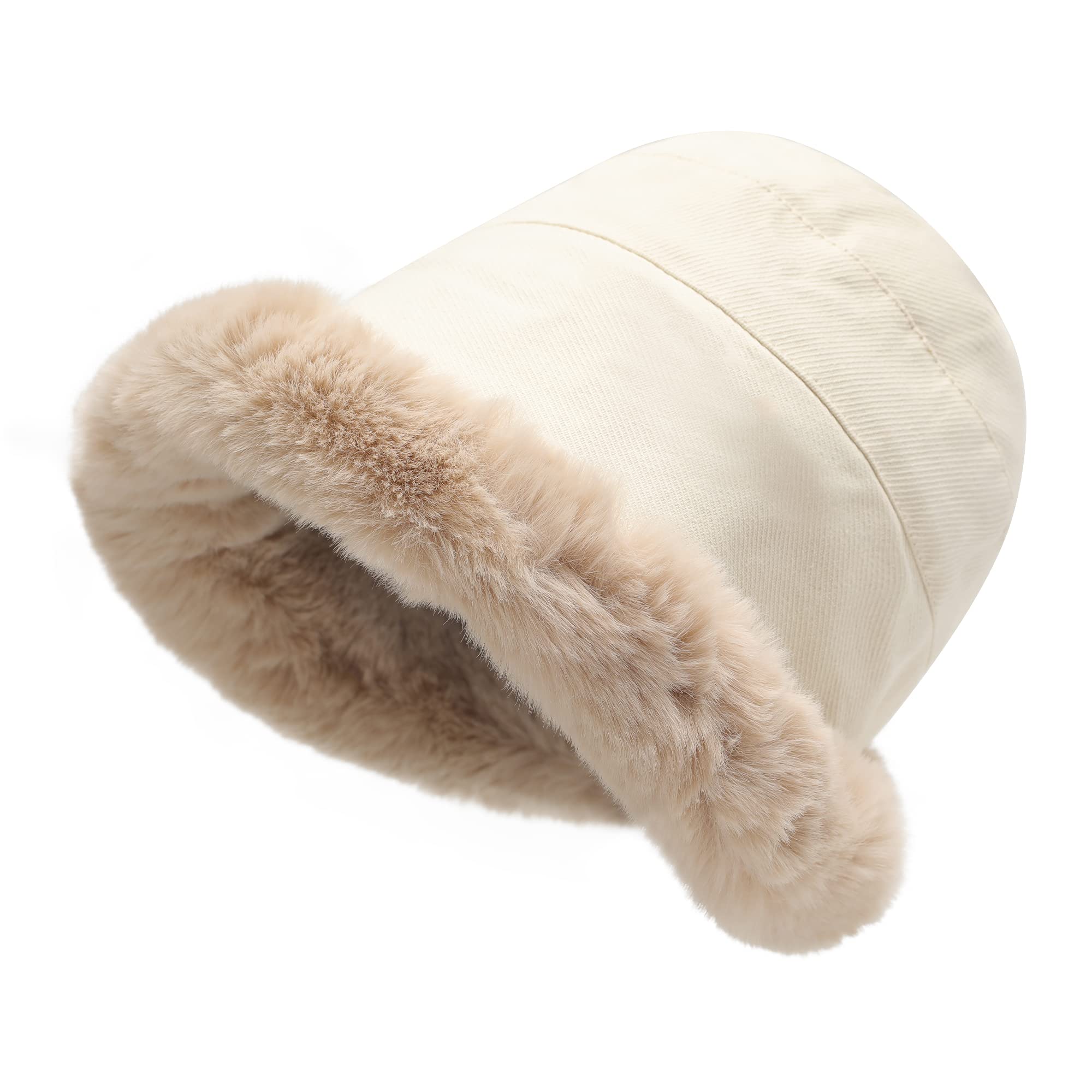 Women's winter plush fisherman hat with rolled brim and artificial fur brim shape, with wool lining
